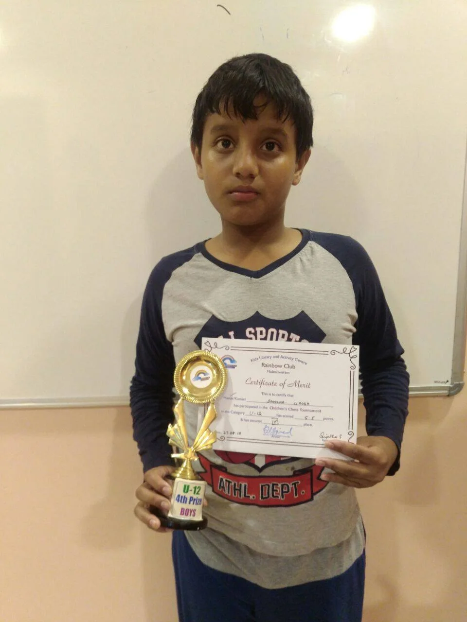 Sankha Ghosh places 4th in the U-12 Category of the Rainbow Rapid Chess Tournament with a score of 5.5/7 Rounds