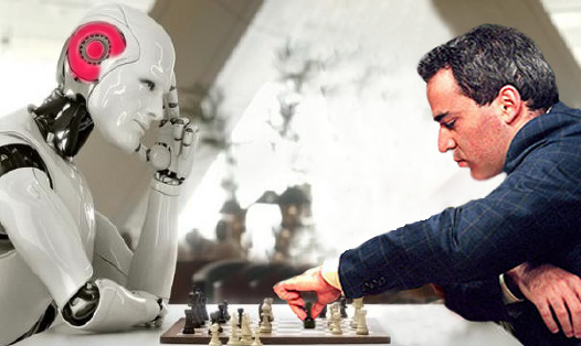 Premium AI Image  Robot With Humanlike Face Playing Chess Against Computer  Screen Displaying Virtual Opponent Generative AI