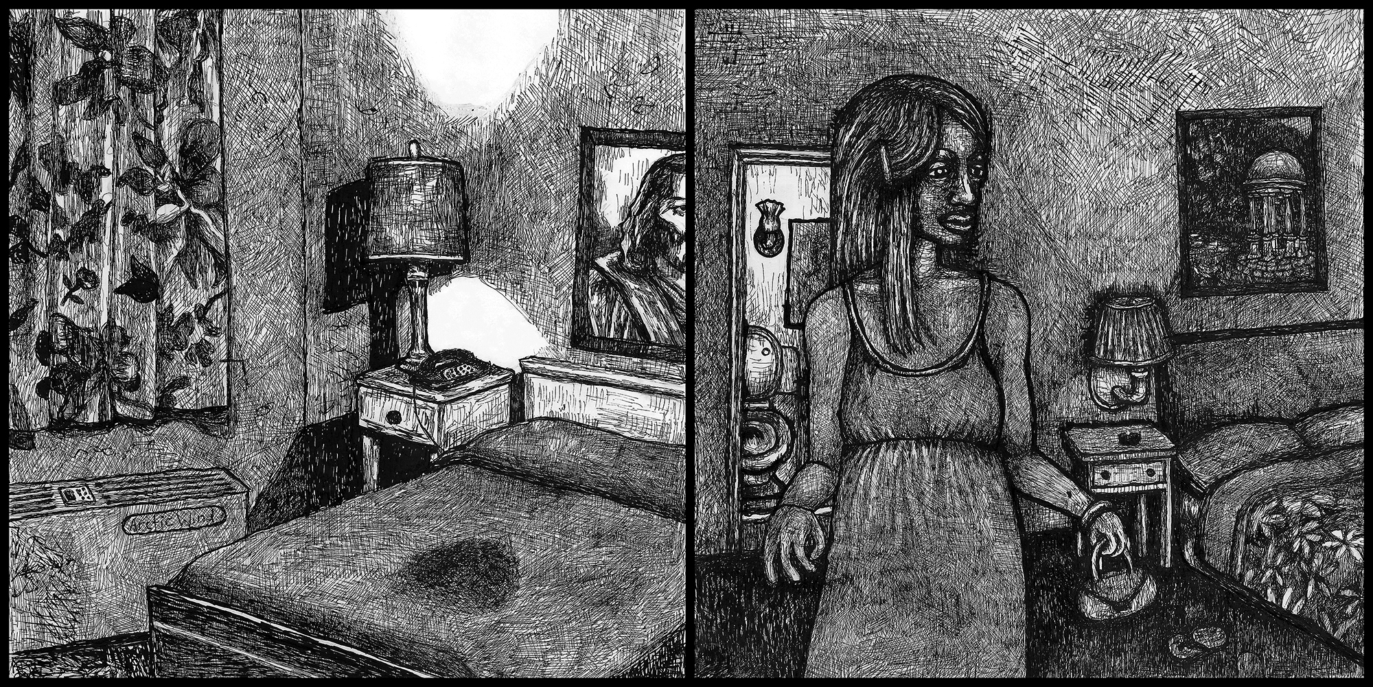 “Stain” &amp; “Girl in Motel Room” by Emily Hochman, 2009, ink on paper