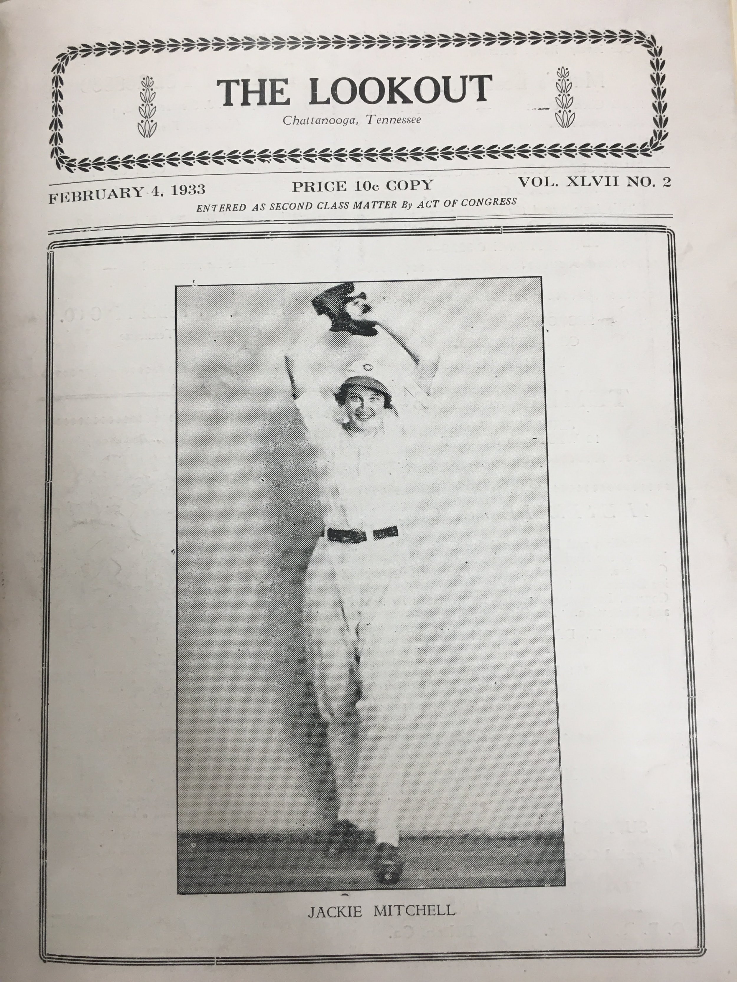   Jackie Mitchell poses for a photograph on the cover of the magazine The Lookout in February 1933. (Chattanooga Public Library archives)   