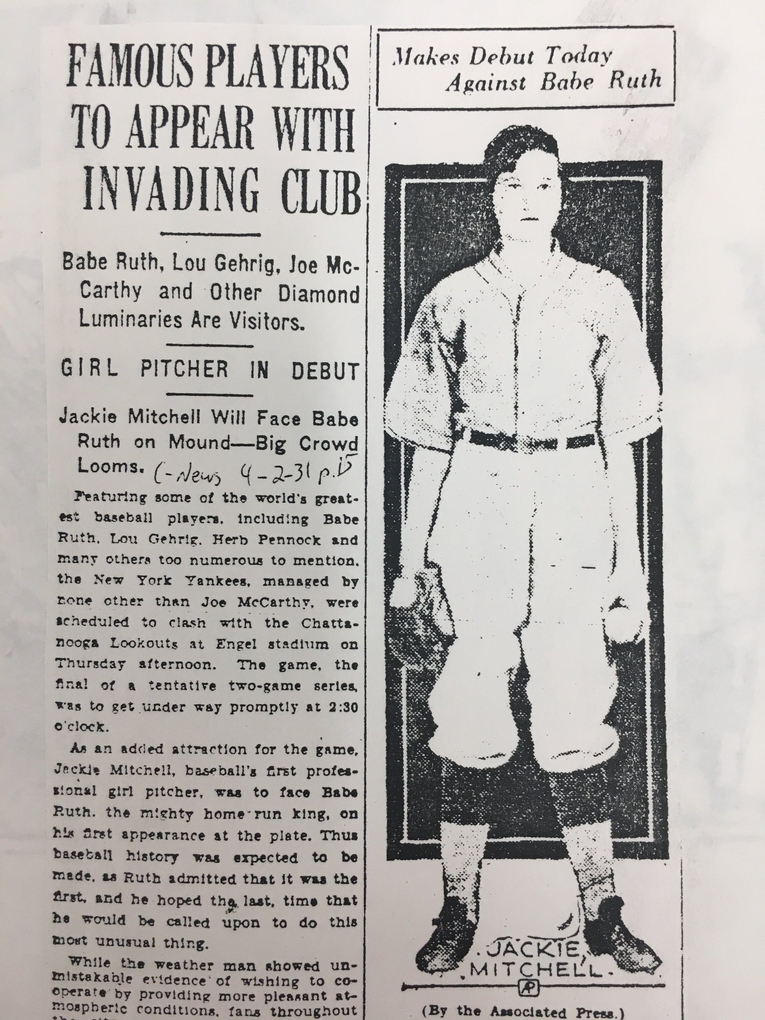   An article from the day Jackie Mitchell pitched against the Yankees appears in the Chattanooga News. (Chattanooga Public Library archives)  