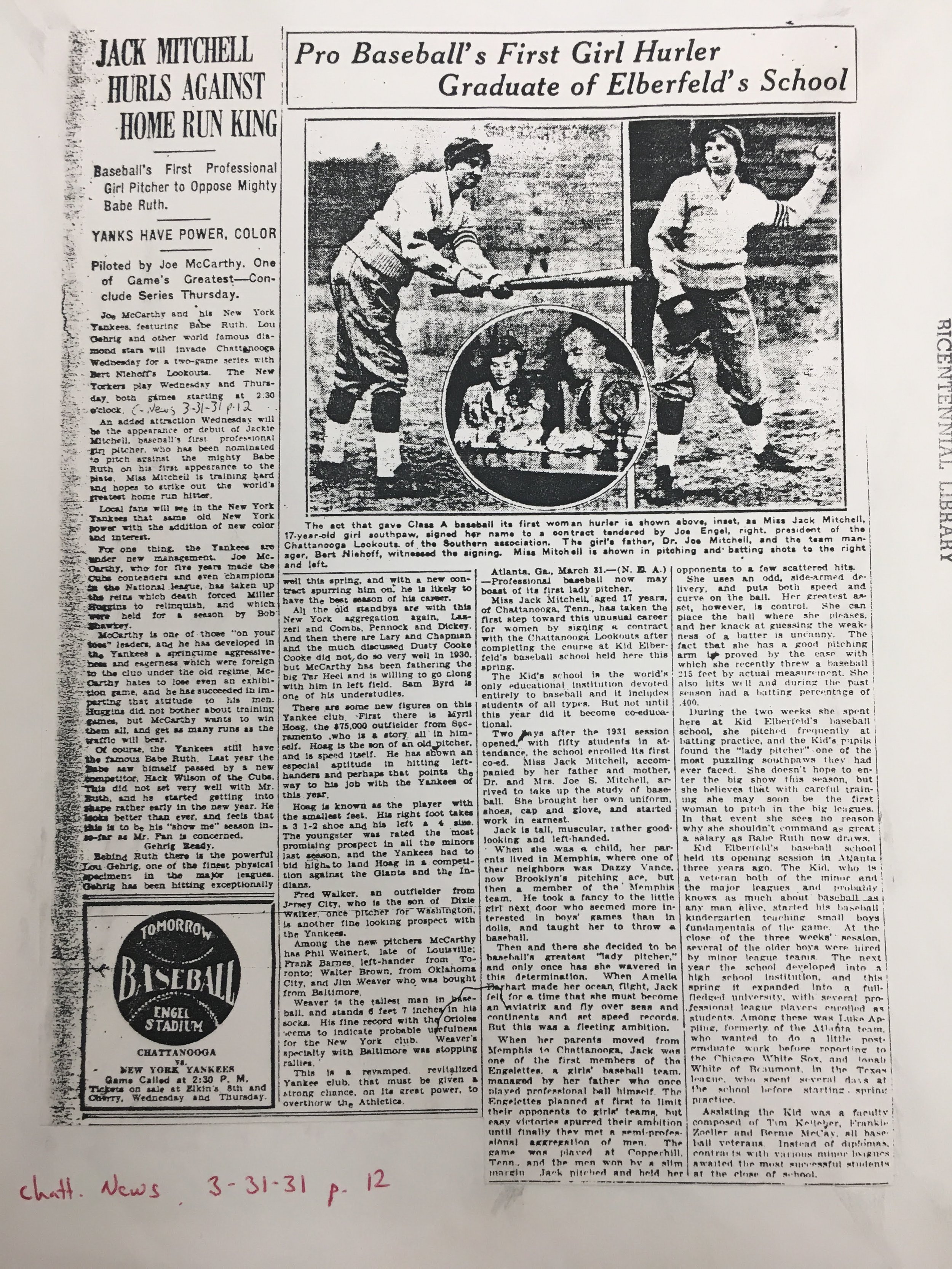  An article in the Chattanooga News builds hype for the exhibition game before Jackie Mitchell took the mound against Yankees. (Chattanooga Public Library archives)  