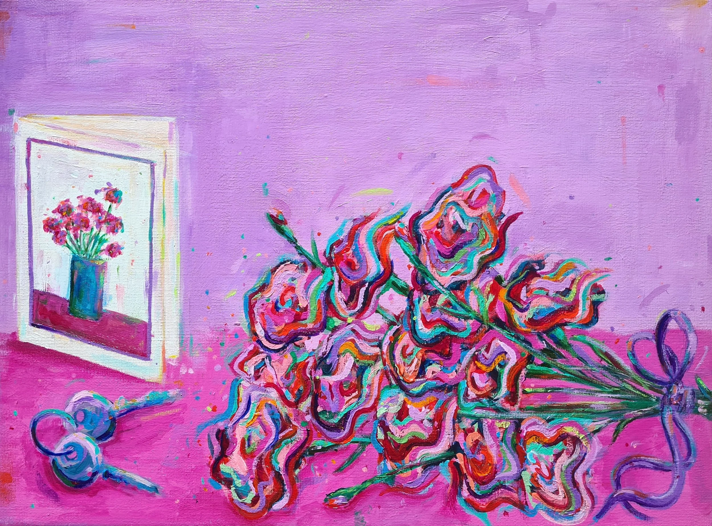 painting of flowers, greeting card and keys