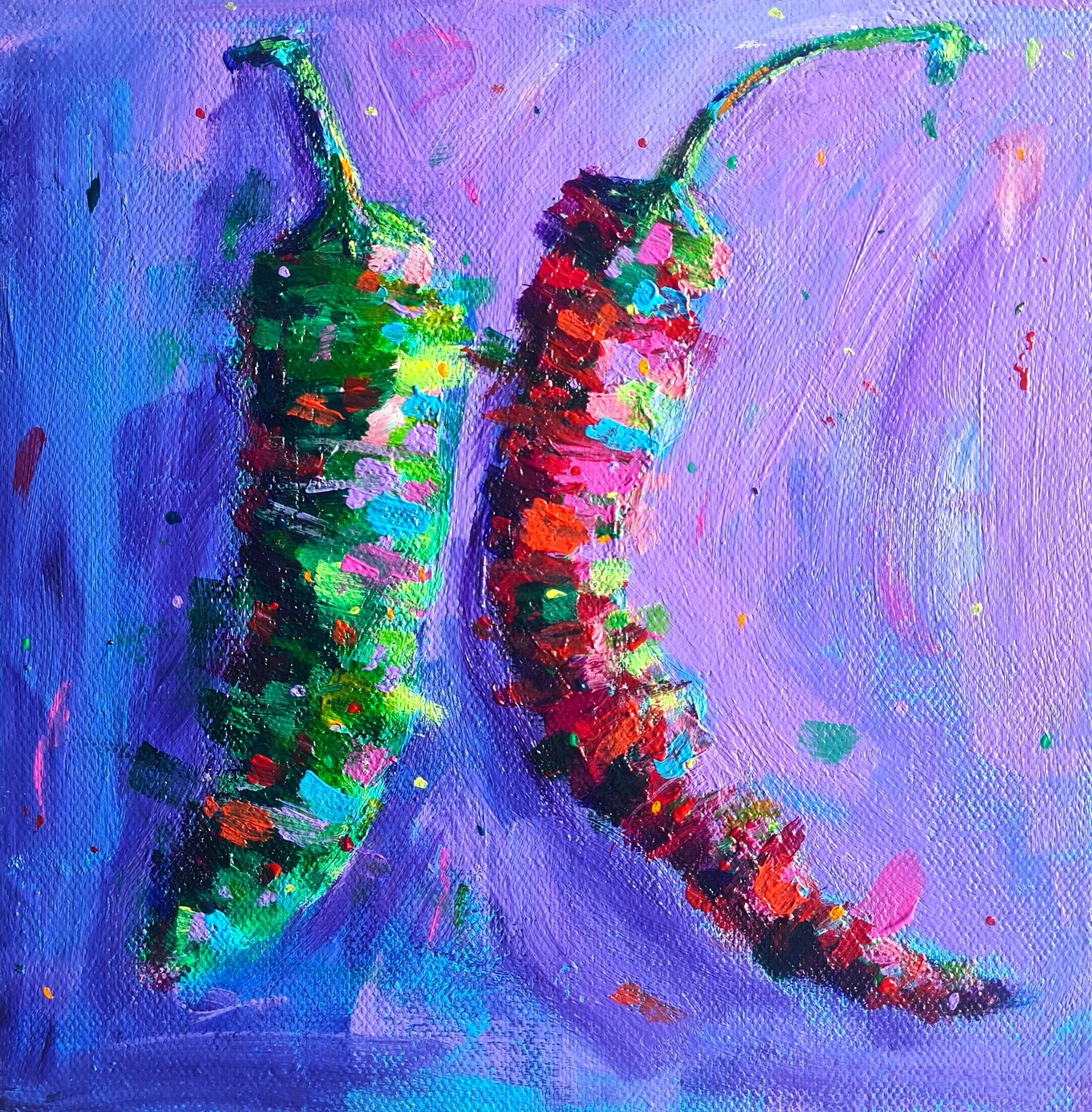 Painting of two chilli peppers on a purple background