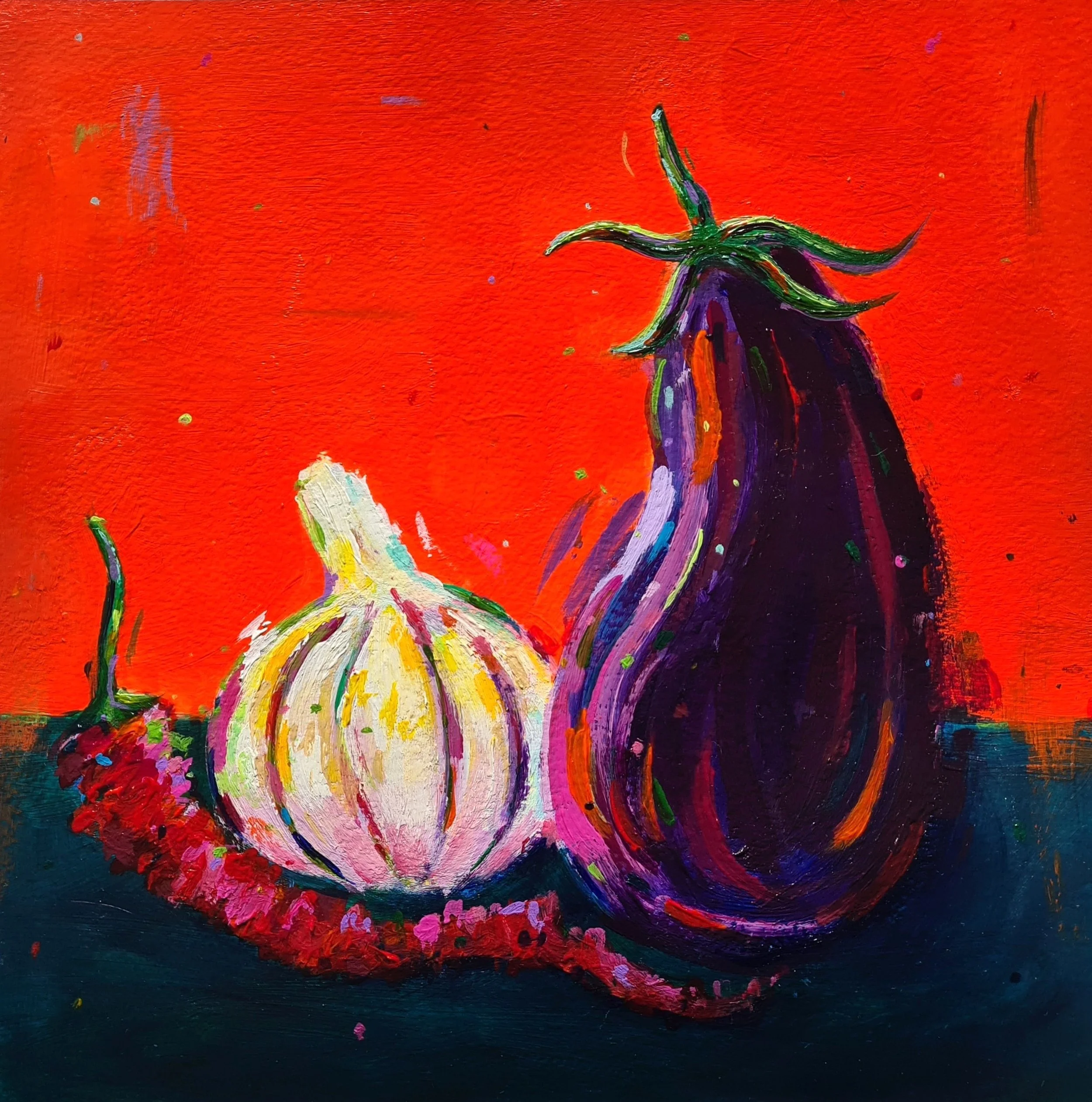 Acrylic painting of a red chilli pepper, a bulb of garlic and an aubergine.