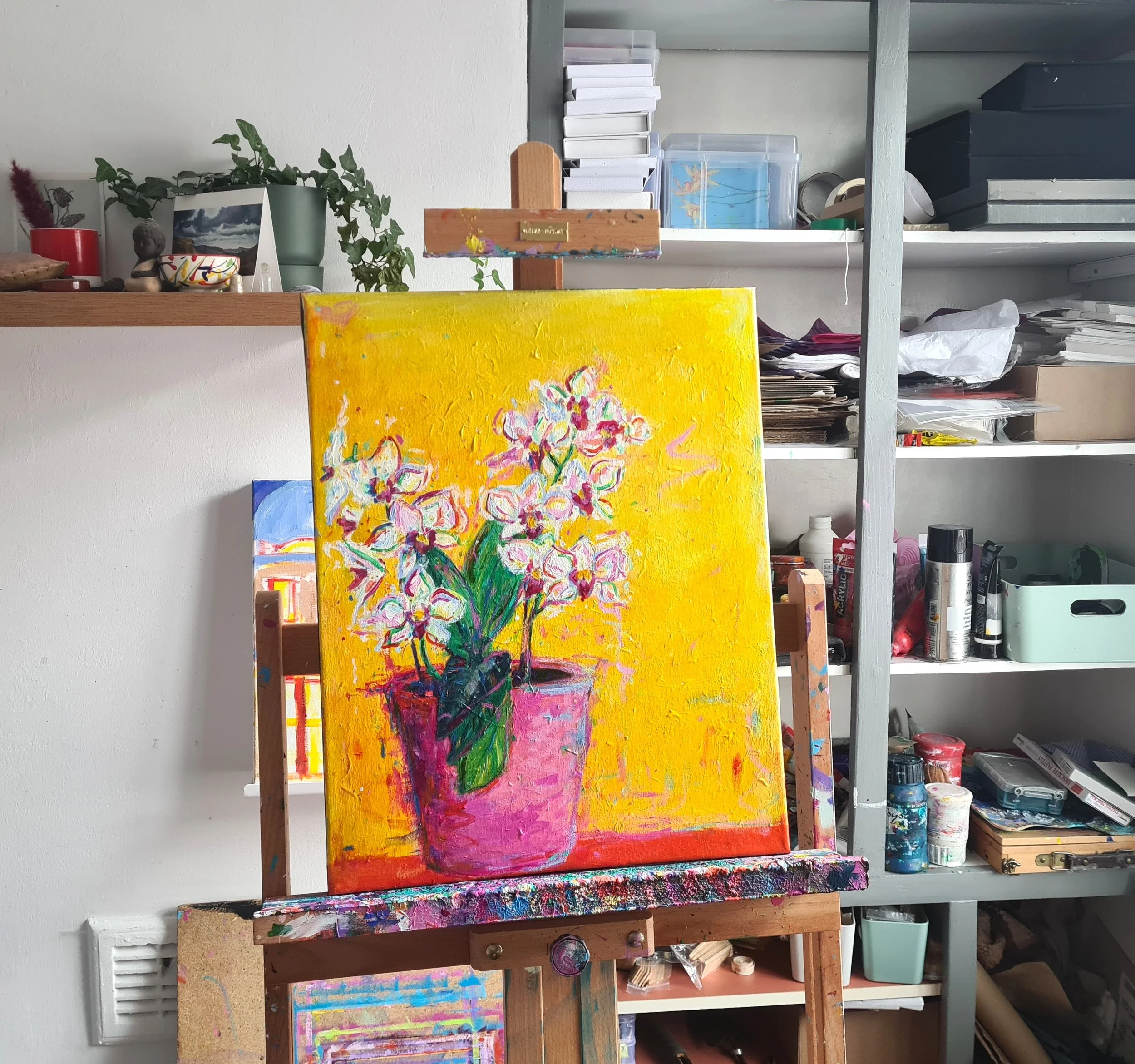 colourful art in an artists studio