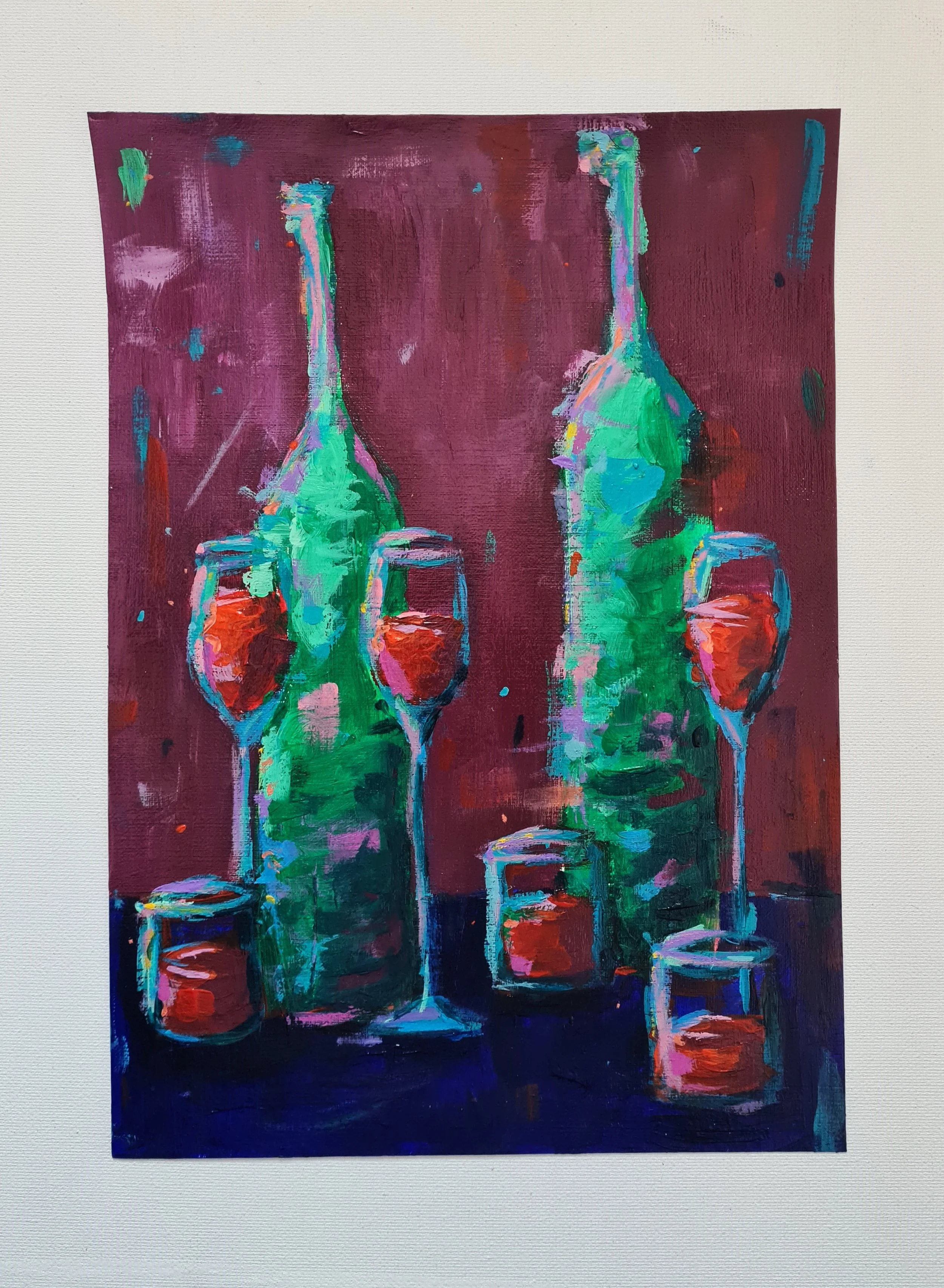 Painting of bottles and glasses of red wine