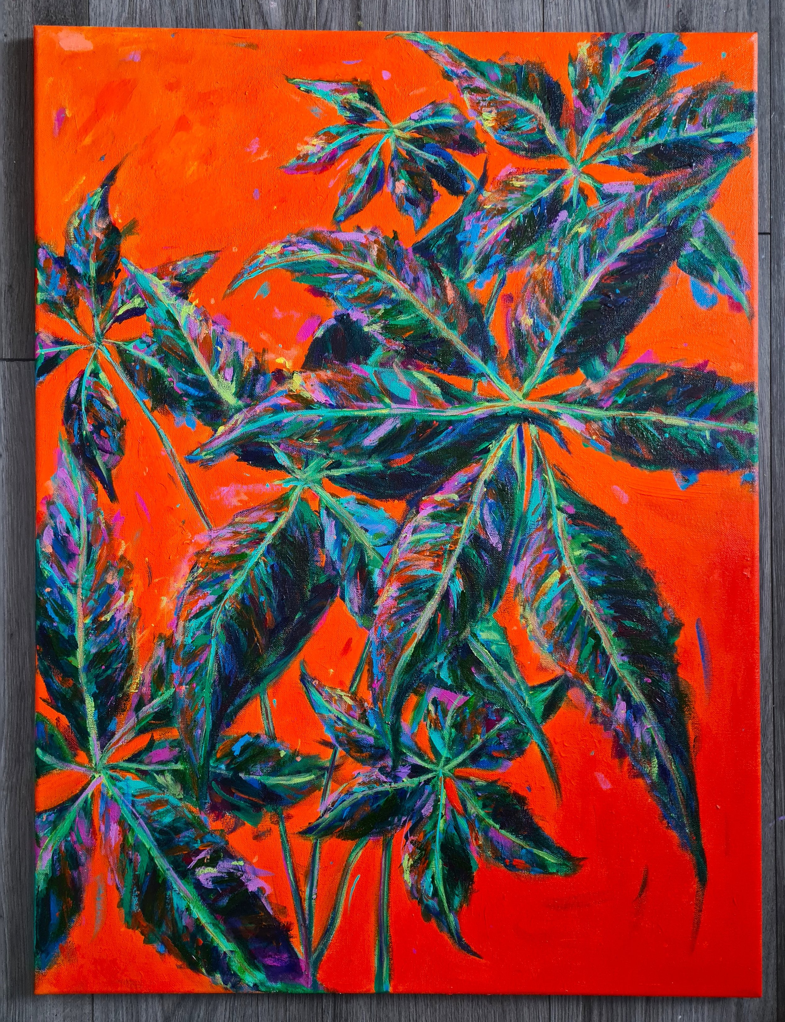 Painting of a money tree against an orange background