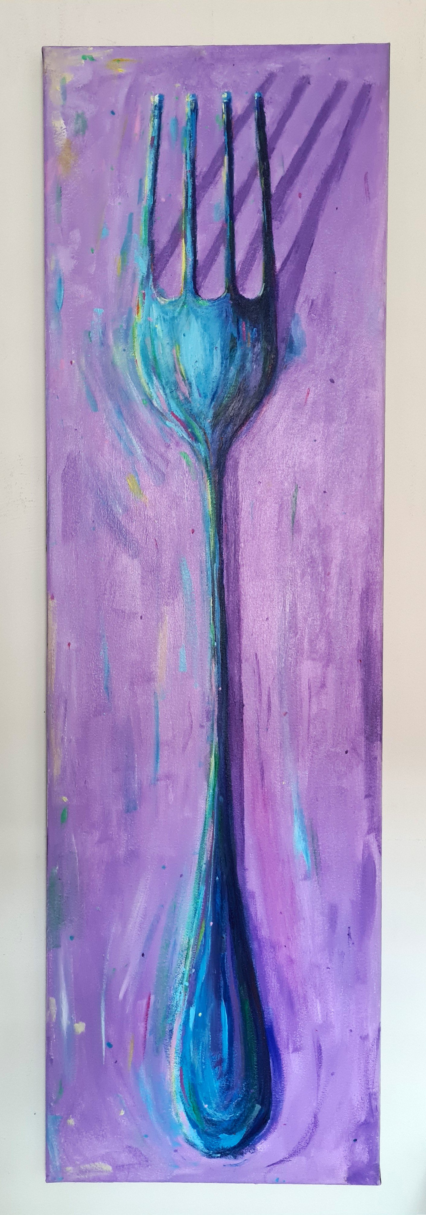 long painting of a fork on a purple background