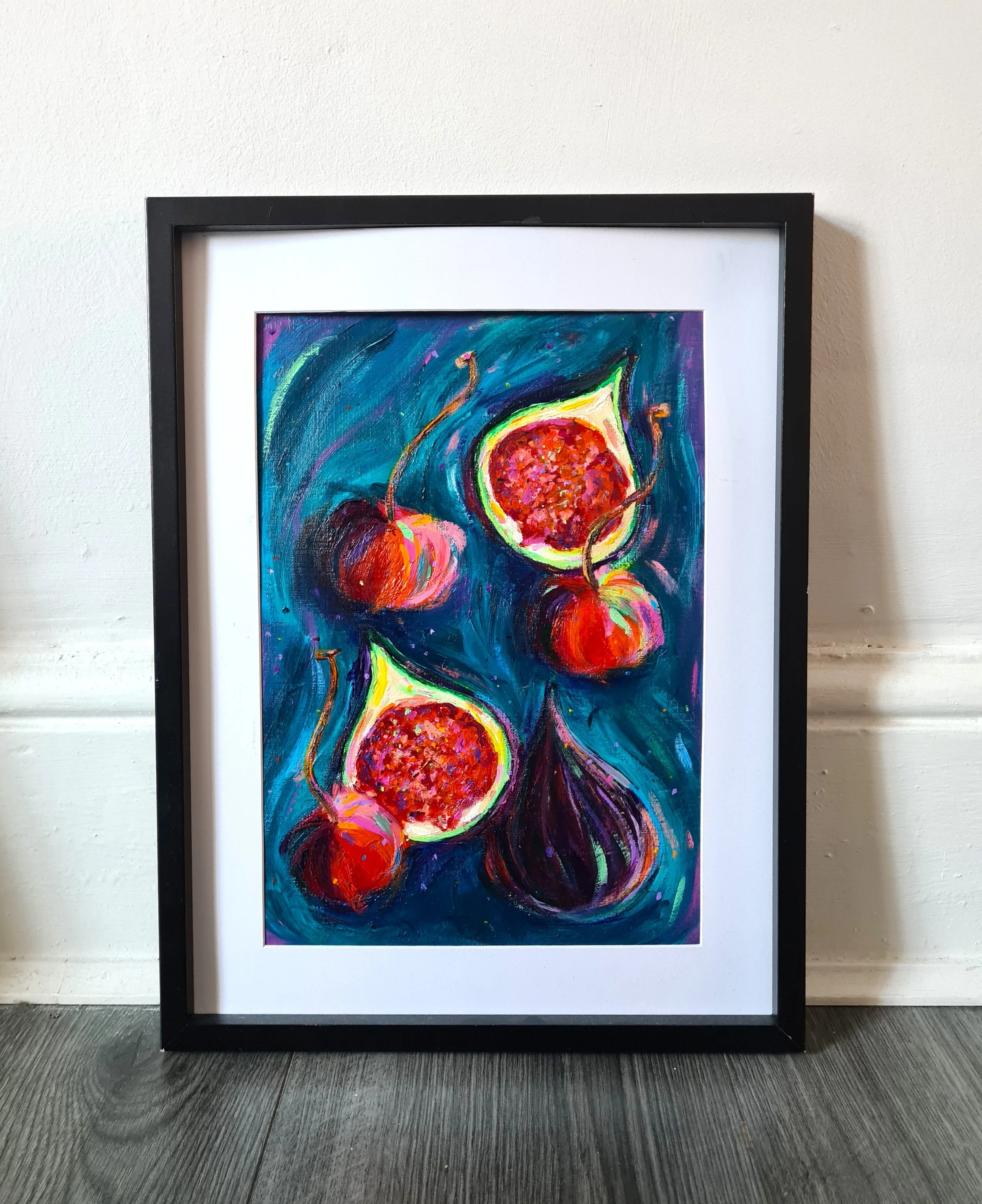 framed painting of figs and cherries