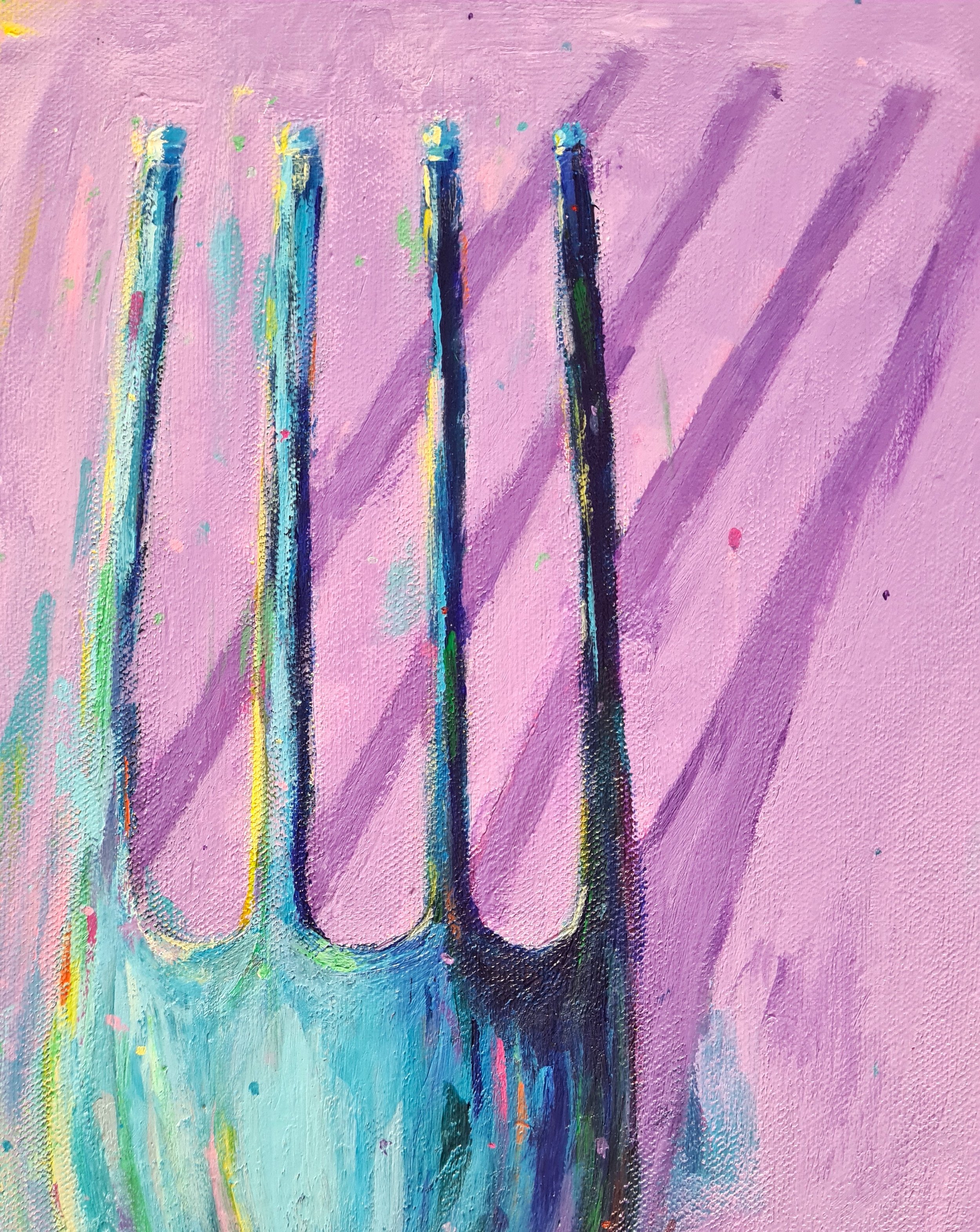 close up of a painting of a silver fork
