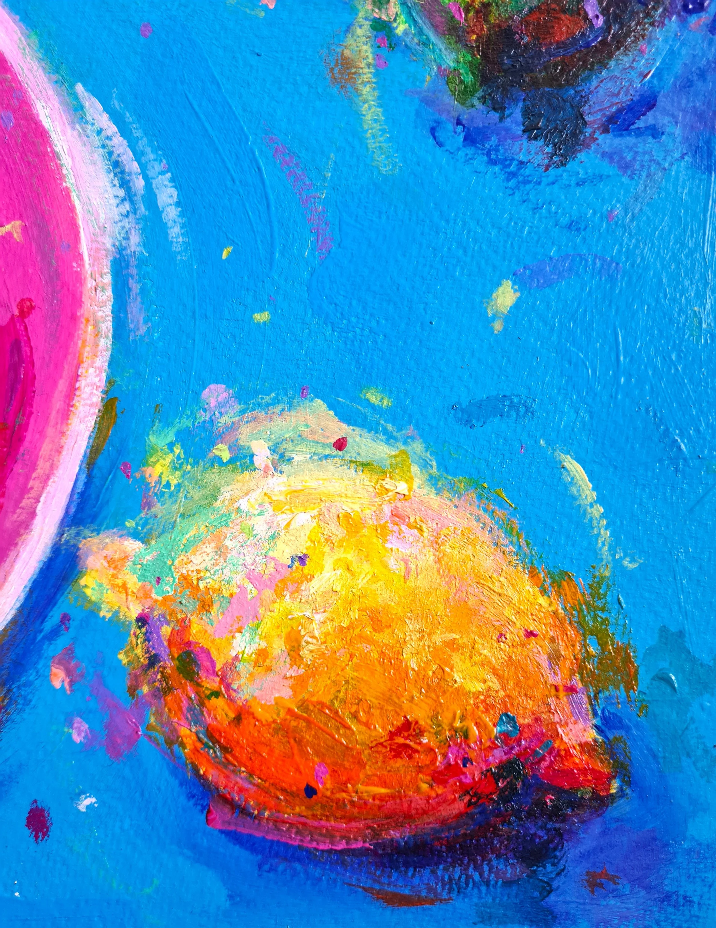 close up of a painting with blue and yellow