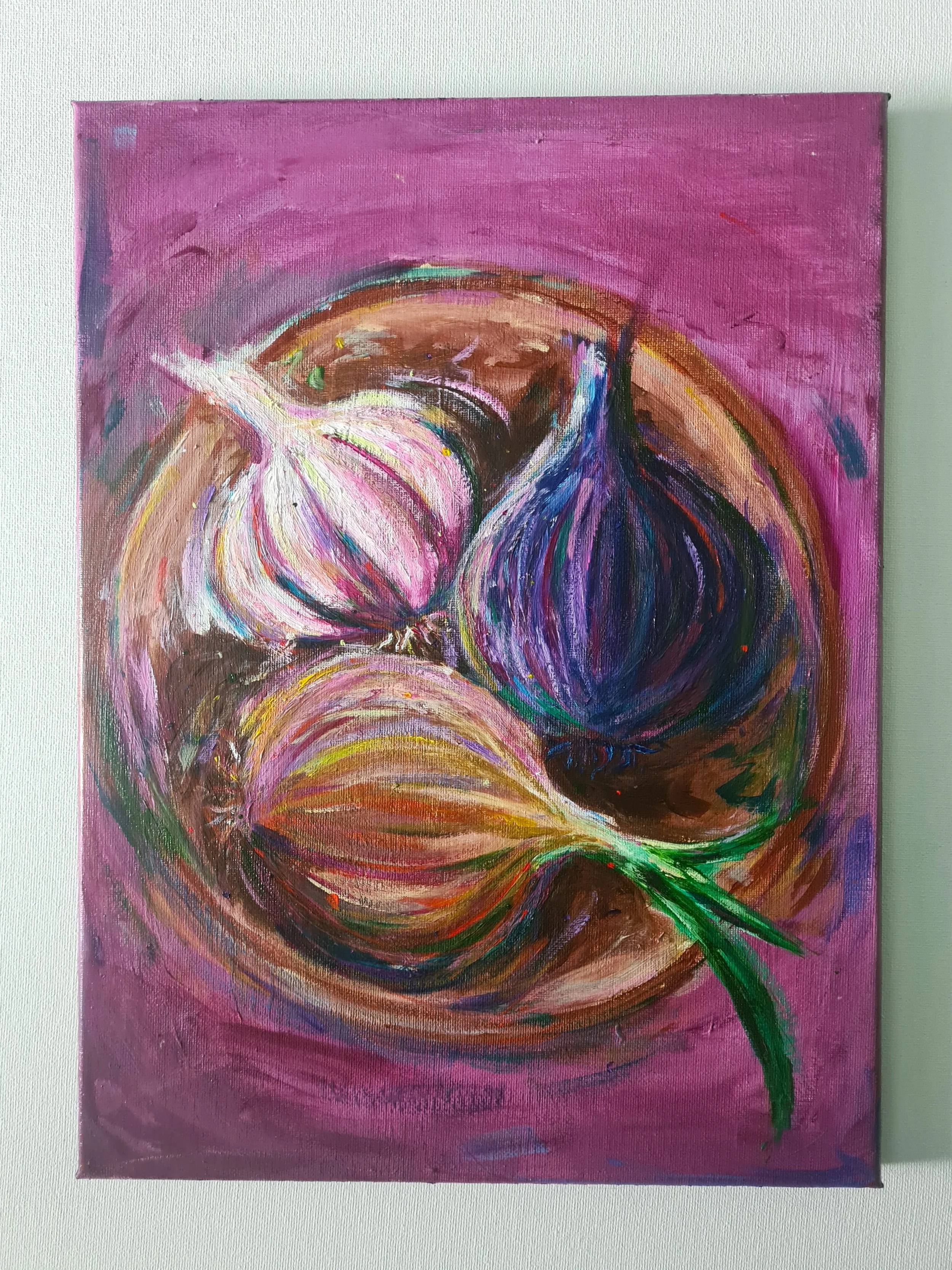garlic and onions painting against a burgundy background