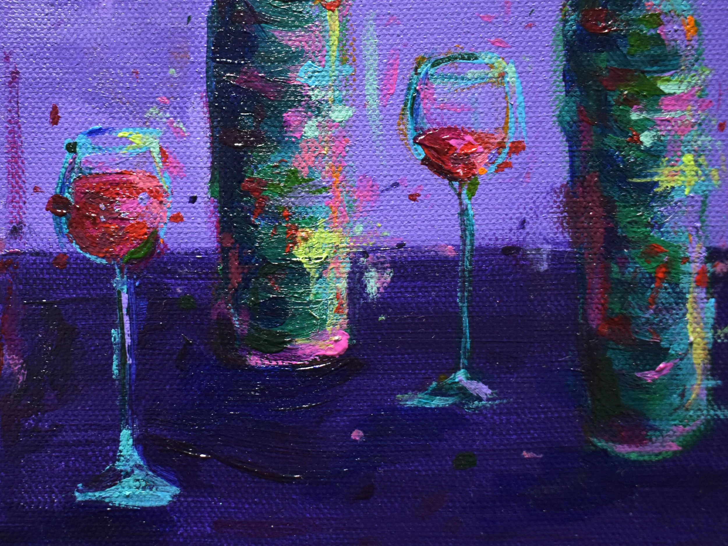 close up of a painting with a purple background