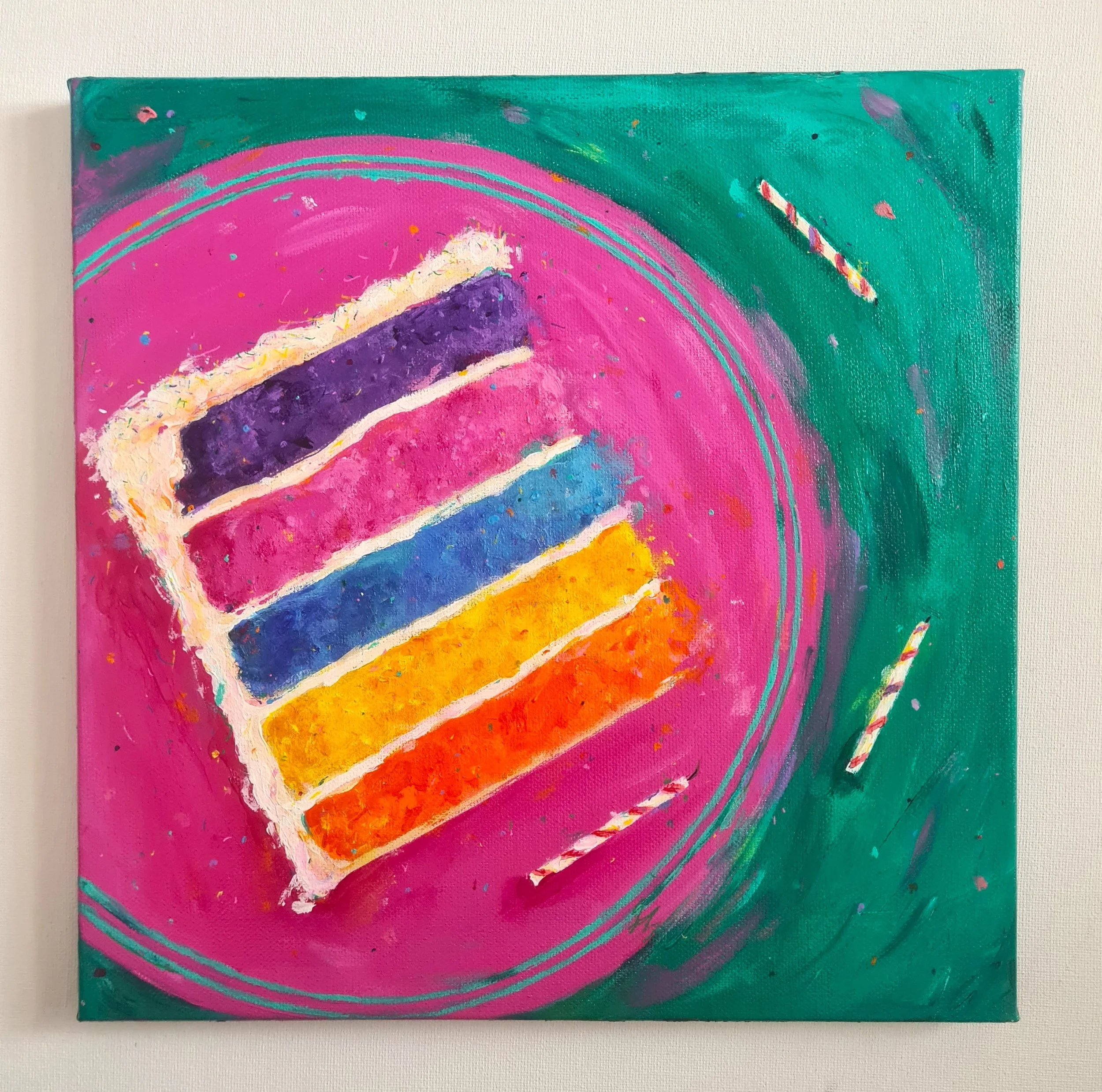 square painting of a colourful slice of birthday cake