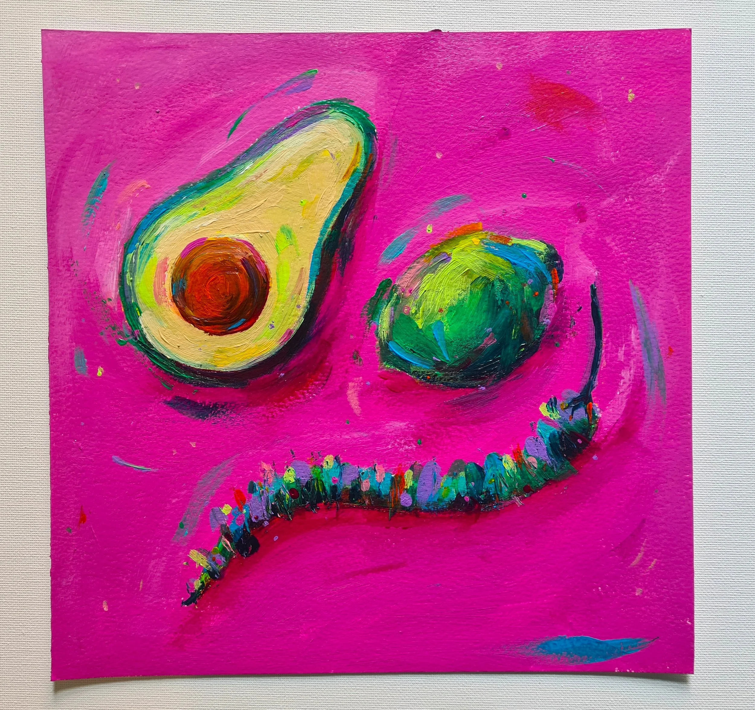 painting of green fruits and vegetables against a pink background