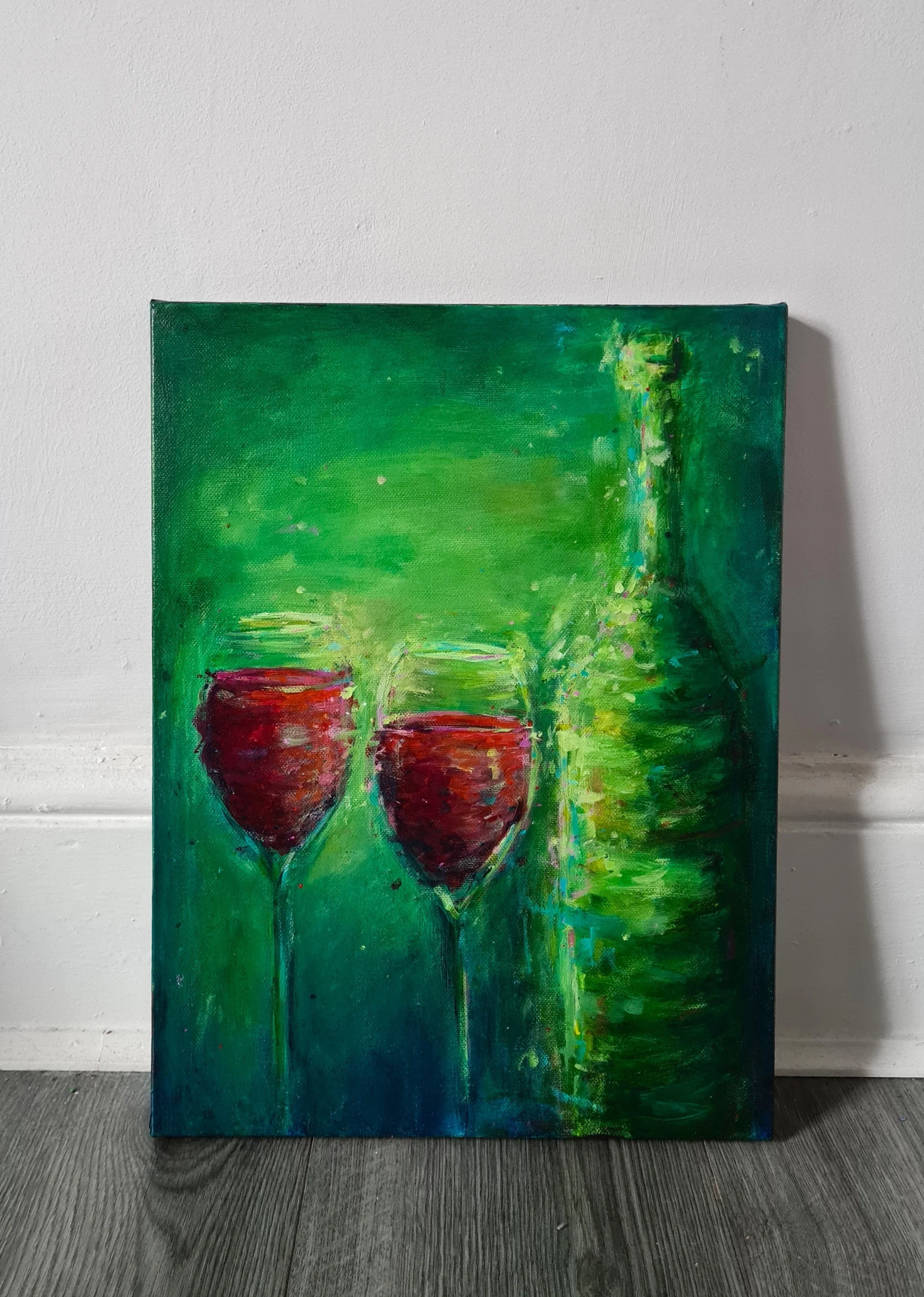 painting of two glasses of red wine and a wine bottle