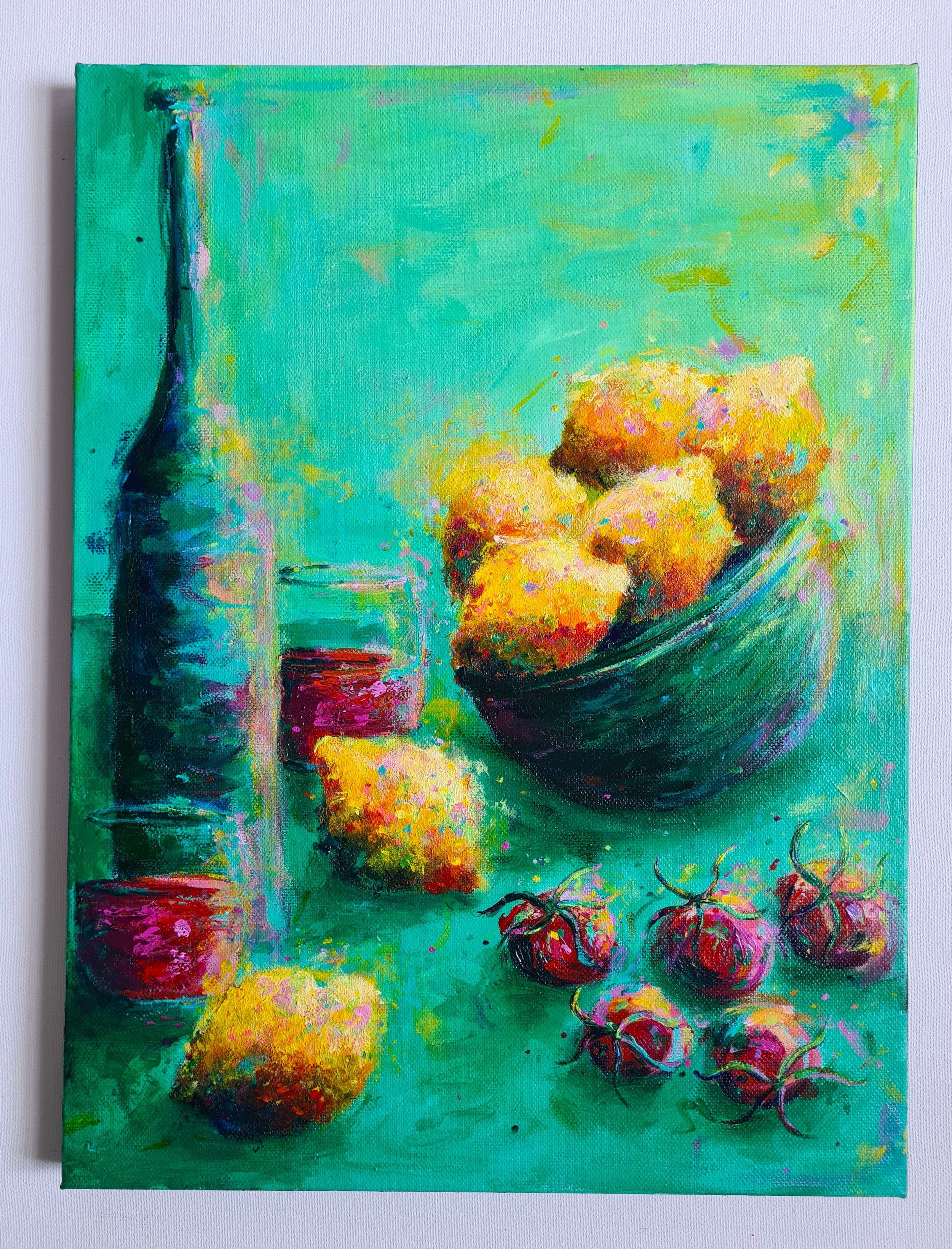 painting of wine, lemons and tomatoes