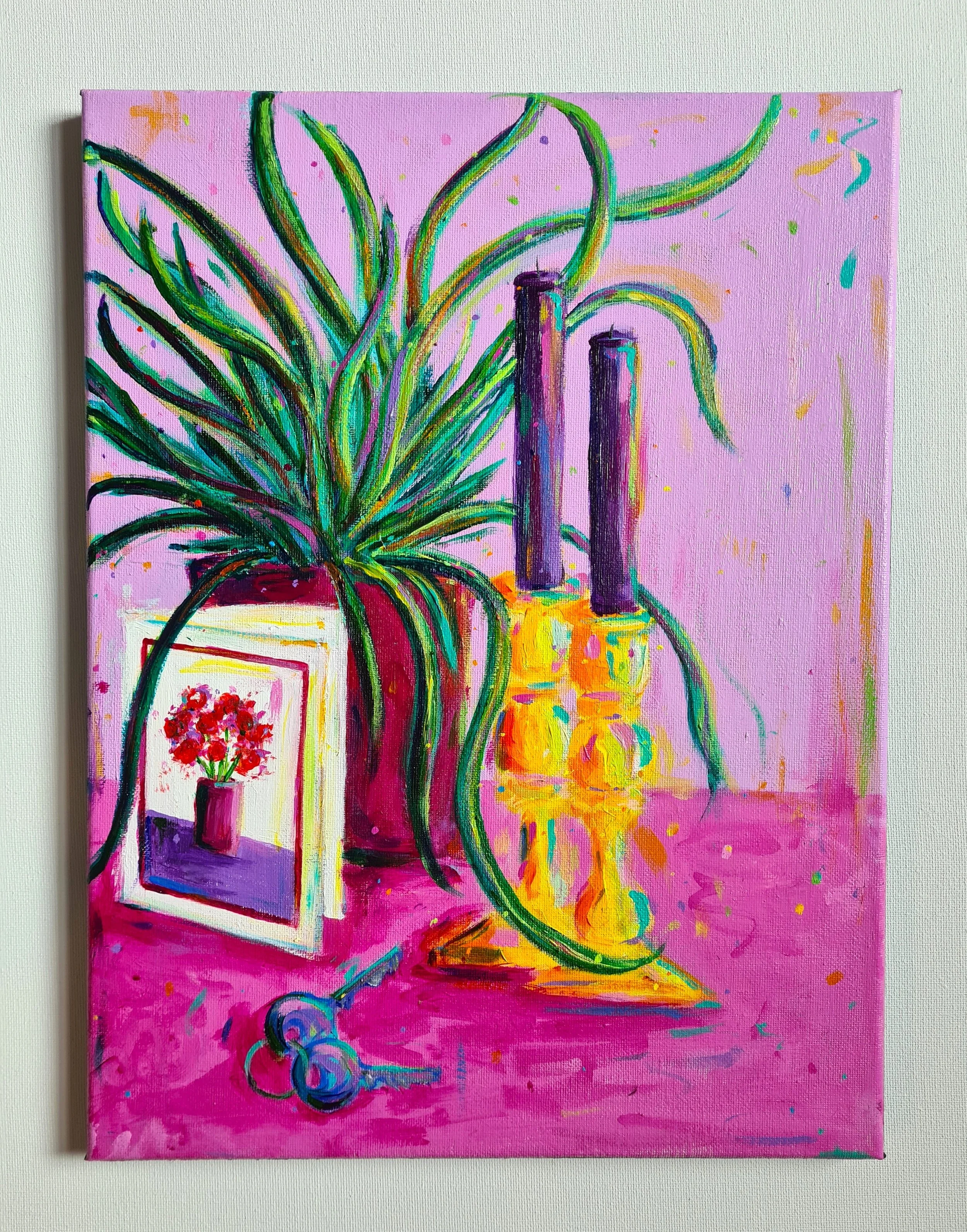 house plant, candles, keys, greetings card