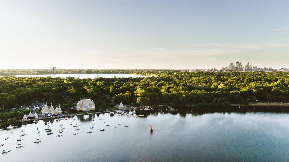 Drone photography over Lake Harriet in Minneapolis Minnesota