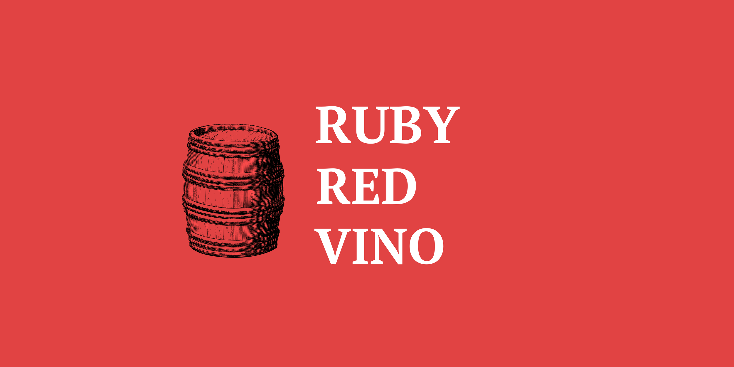 A sketch of a wine barrel on a red background, with the words "Ruby Red Vino" in white text to the right of the barrel.