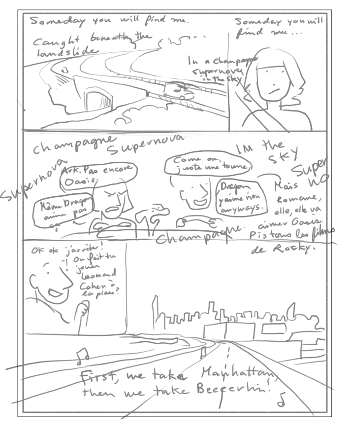 1. Premier brouillon. Au début, j’avais le réflexe de vouloir en mettre le plus possible dans une page.
