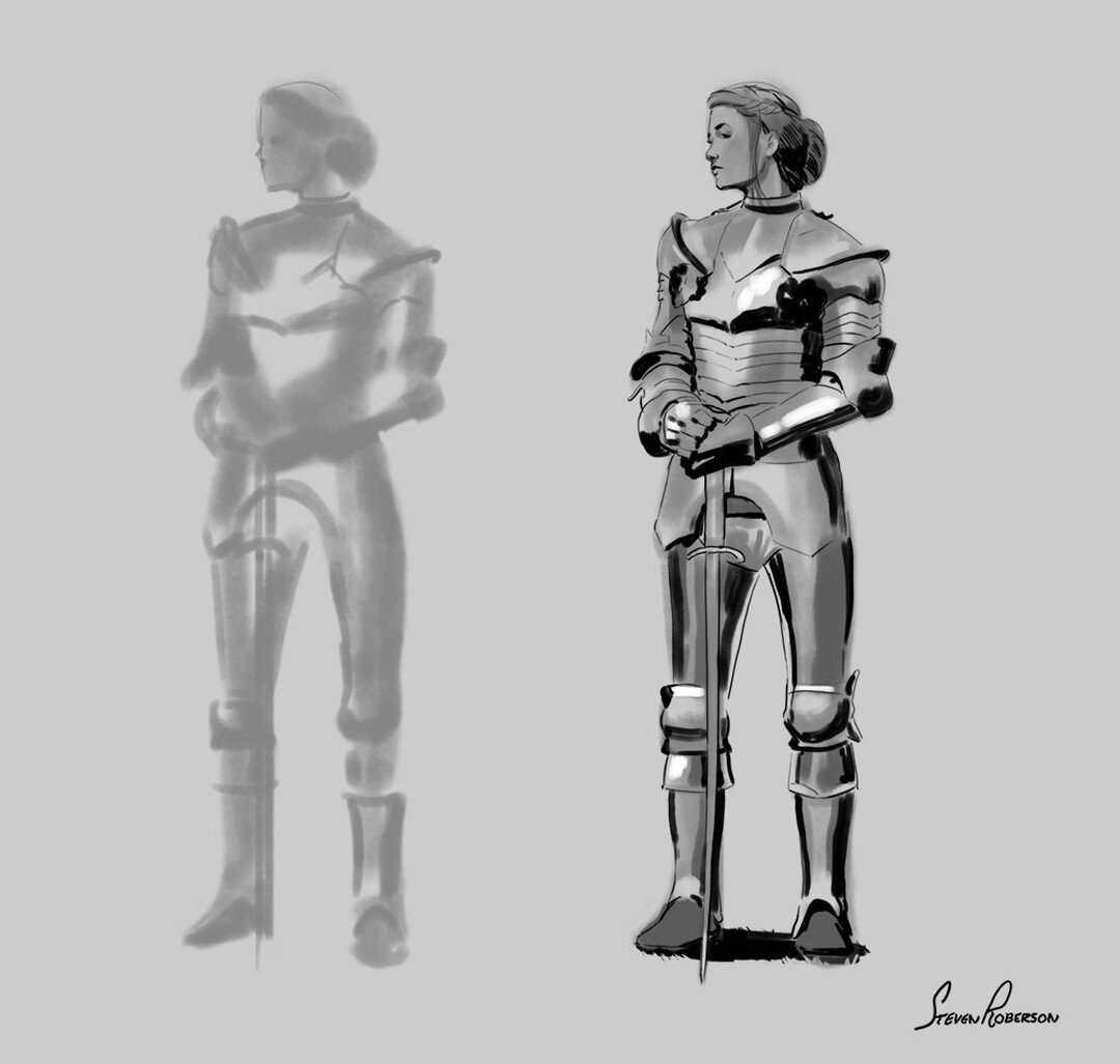 Had a great time sketching armor (my favorite) along with @digitalbobert and @kei_acedera today. It's a really fun challenge to be loose while accurate. I included a before and after, along with a close-up for all my fellow art nerds out there.

The 