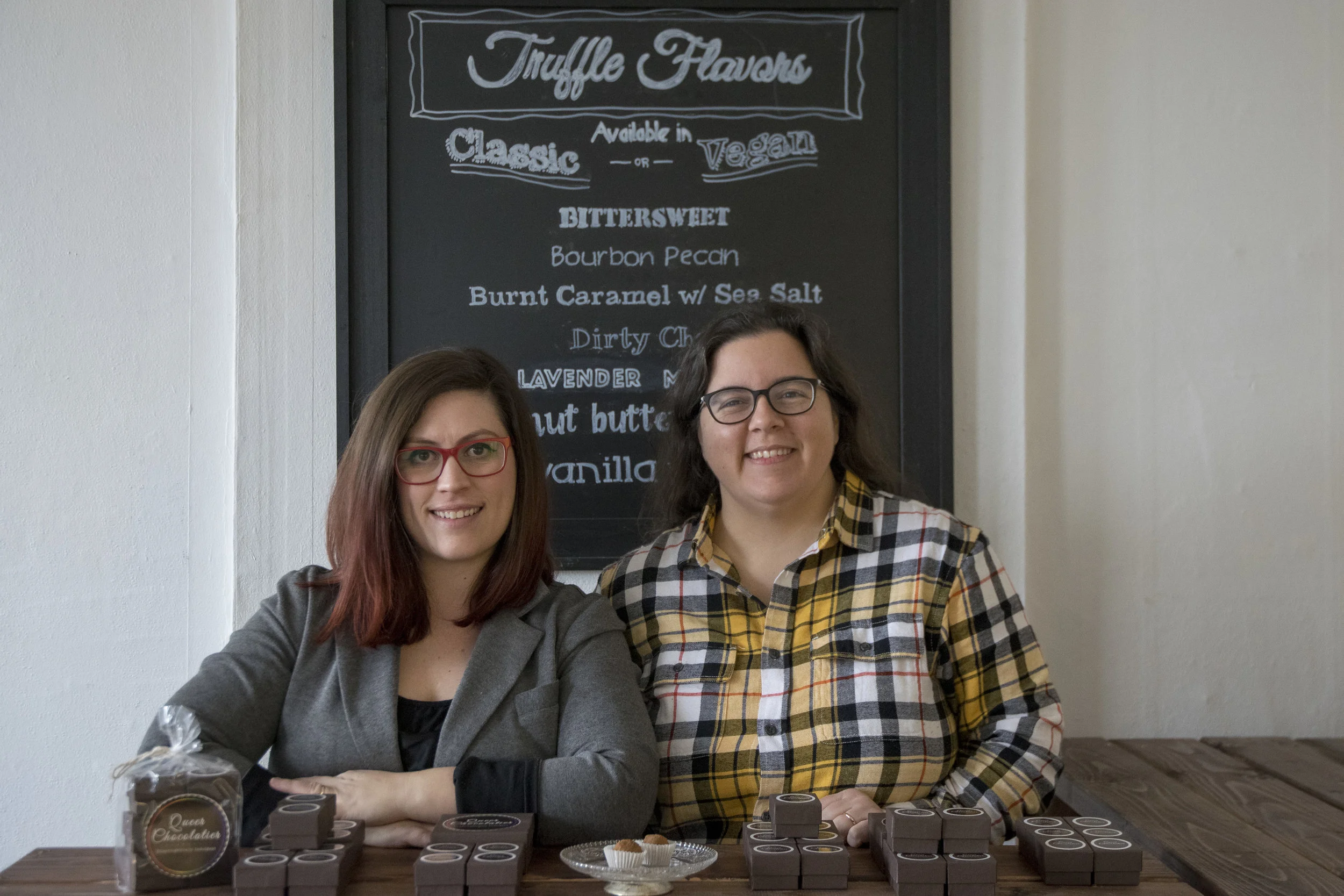 Cheri Ellefson (left) and Morgan Roddy at their retail space for their business, Queer Chocolatier in Muncie, IN.