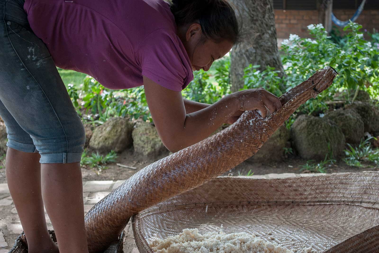  The grated manioc is then stuffed into a plaited palm tube called a  matapi  in Guyana or a  tipiti  in Brazil. The Macuxi word is  tingi  I am told, which meaning anaconda. It’s a perfect visual metaphor when I see the way the tube is stuffed till 