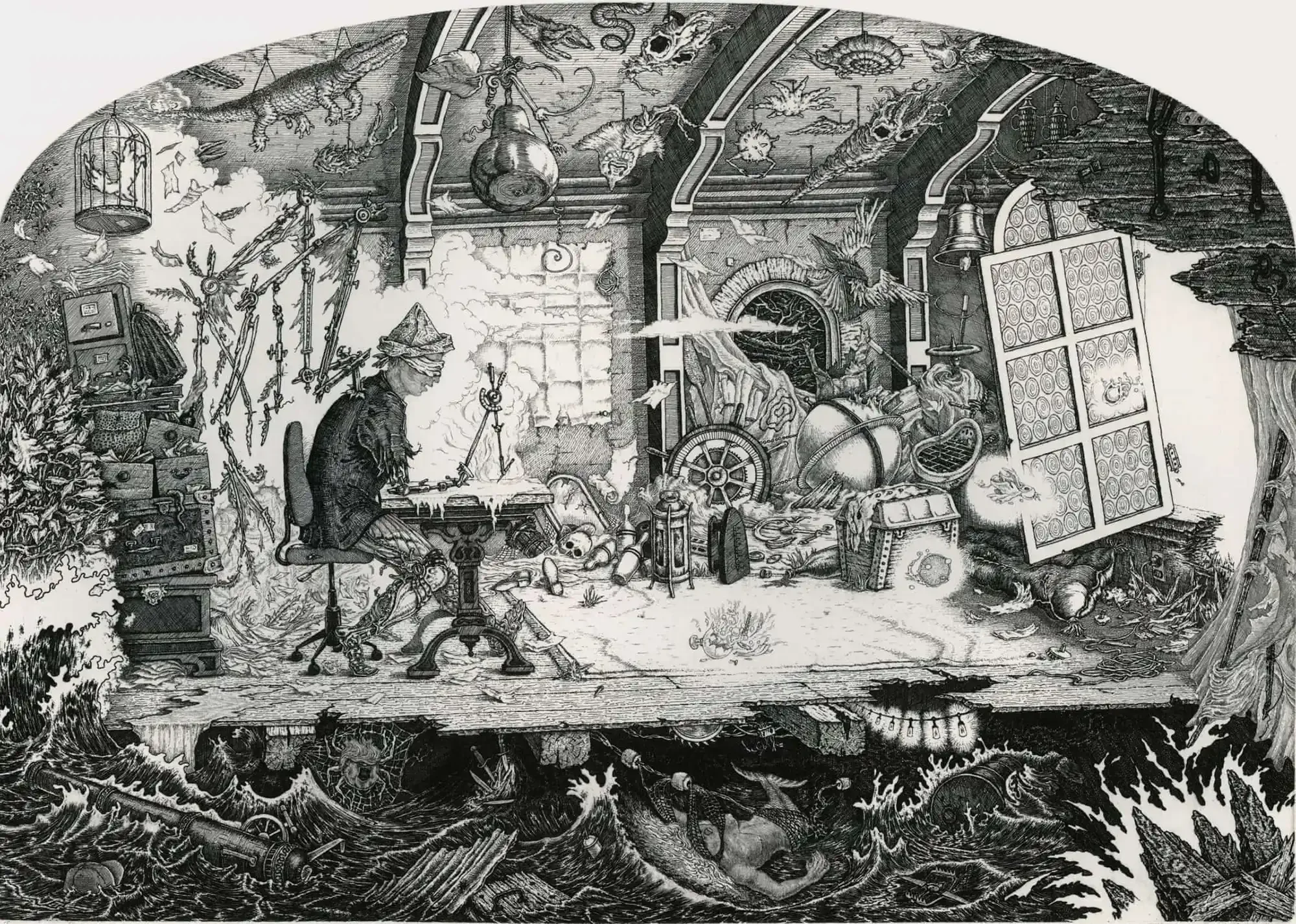 The Frailty of Realization, a surrealistic black and white etching by David Avery of A surreal room with a solitary figure, surrounded by objects from art history