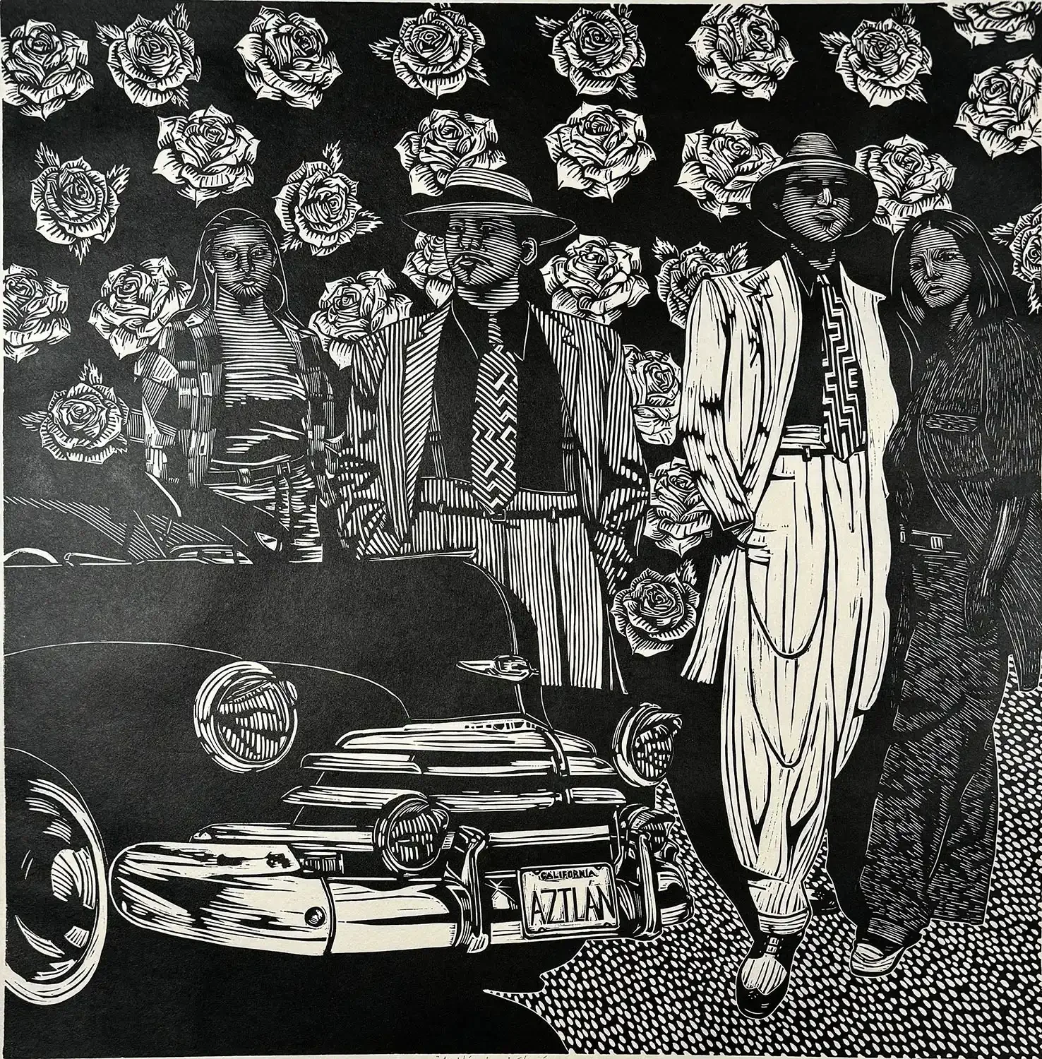 Black-and-white linocut of four Chicano figures in zoot-style clothing standing beside a classic lowrider with an “AZTLAN” plate, surrounded by carved roses; artwork by Juan Fuentes.