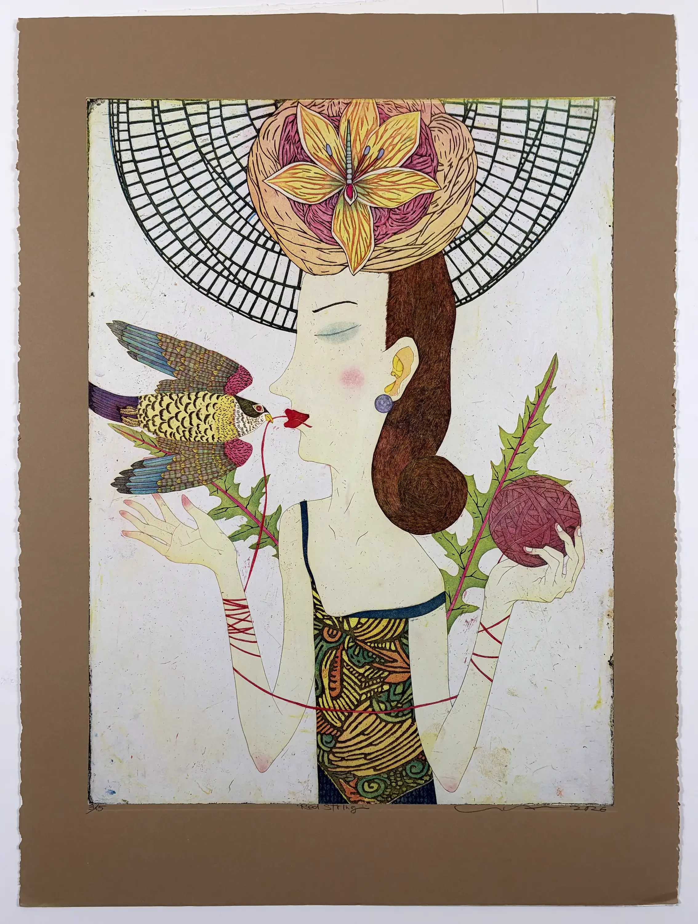Yuji Hiratsuka Red String original chine collé color intaglio print featuring woman with bird flower and symbolic red thread
