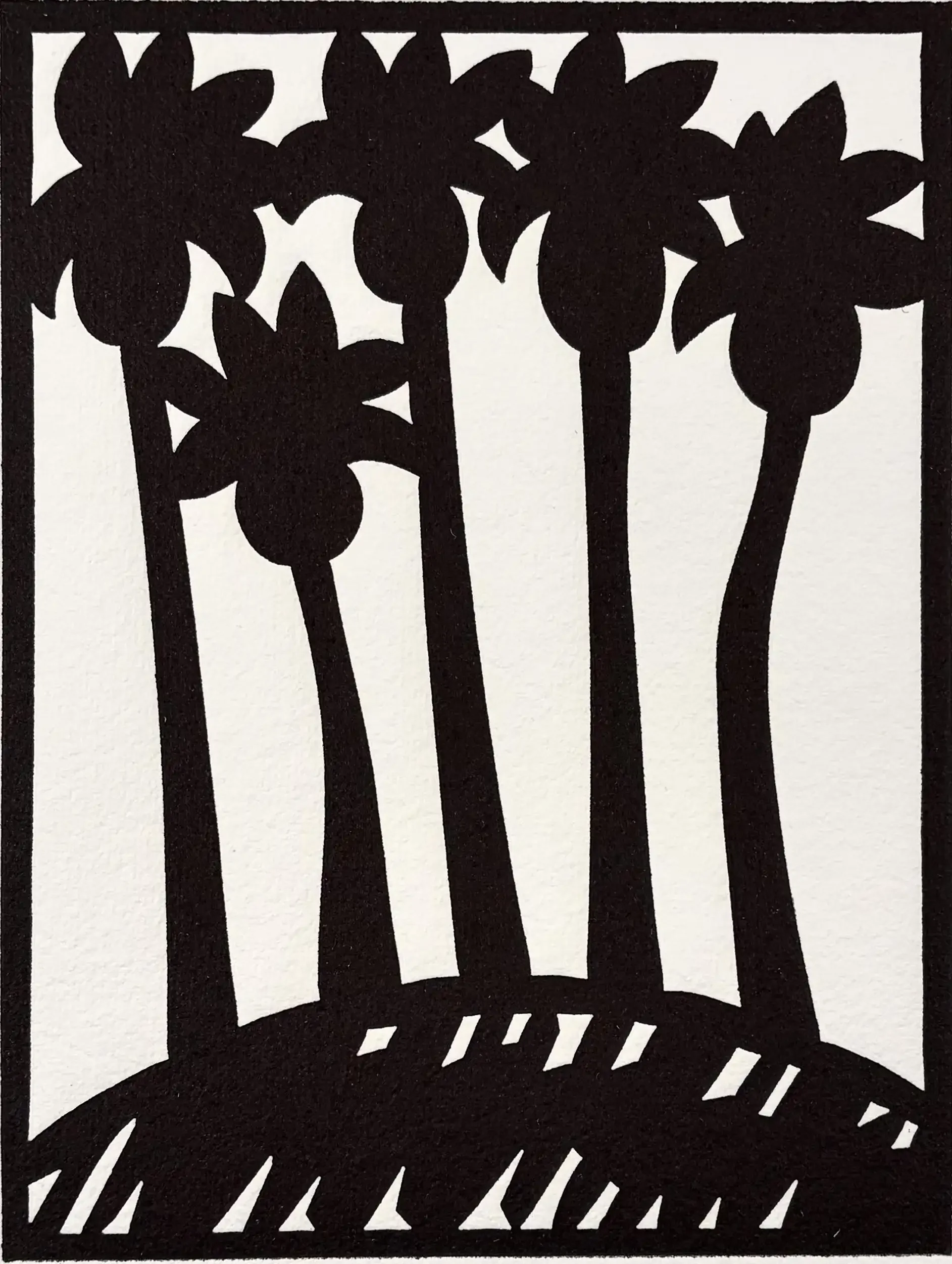 Frank Romero California Palms woodcut depicting a grove of palm trees against a simplified landscape.