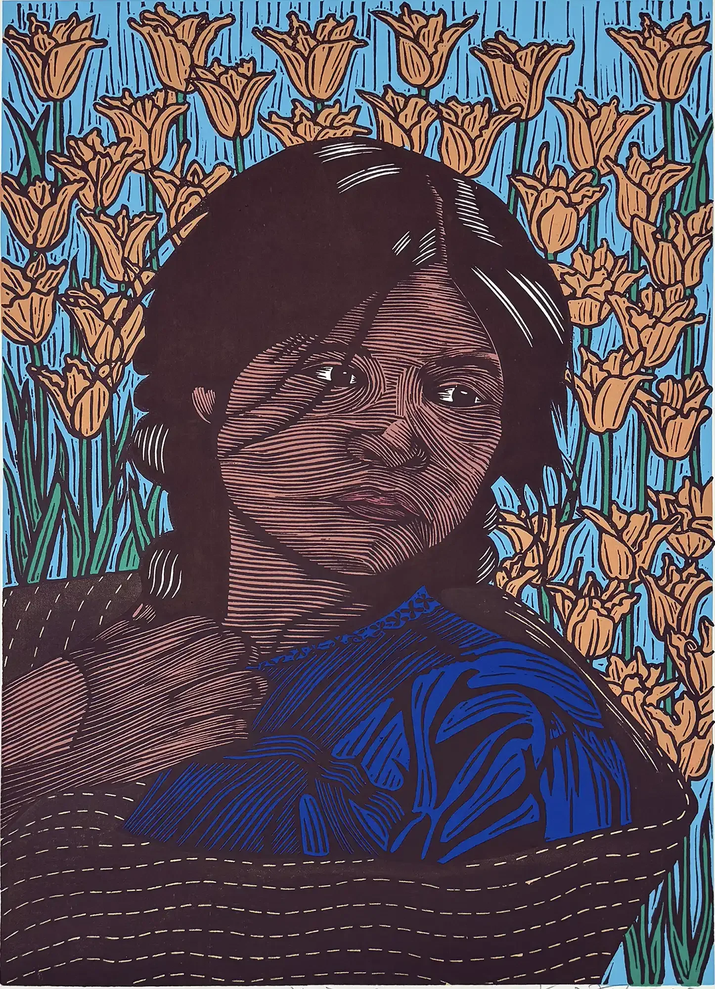 Colorful screenprint by Juan Fuentes of a young Indigenous woman surrounded by bright orange flowers against a vivid blue background, rendered with expressive linework and bold contrasting colors.