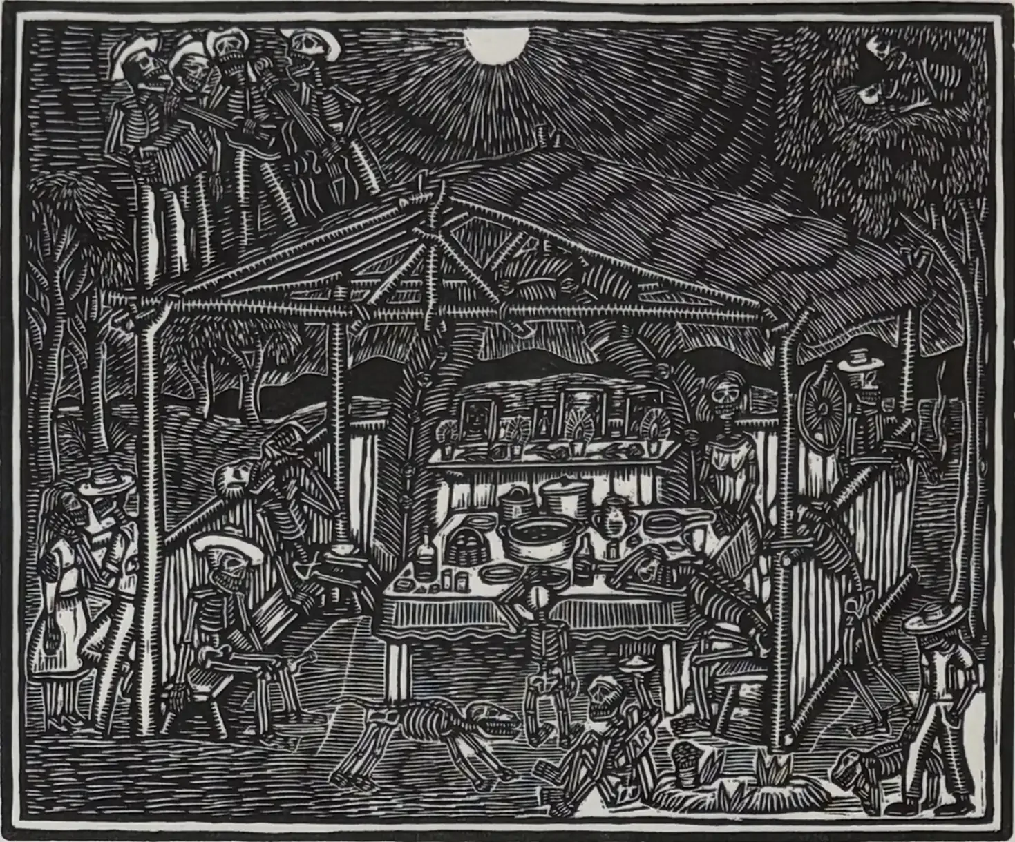 Linocut print by Artemio Rodríguez showing a nighttime skeleton feast under a canopy, with calaveras eating, drinking, and gathering around a long table, illuminated by a bright moon.