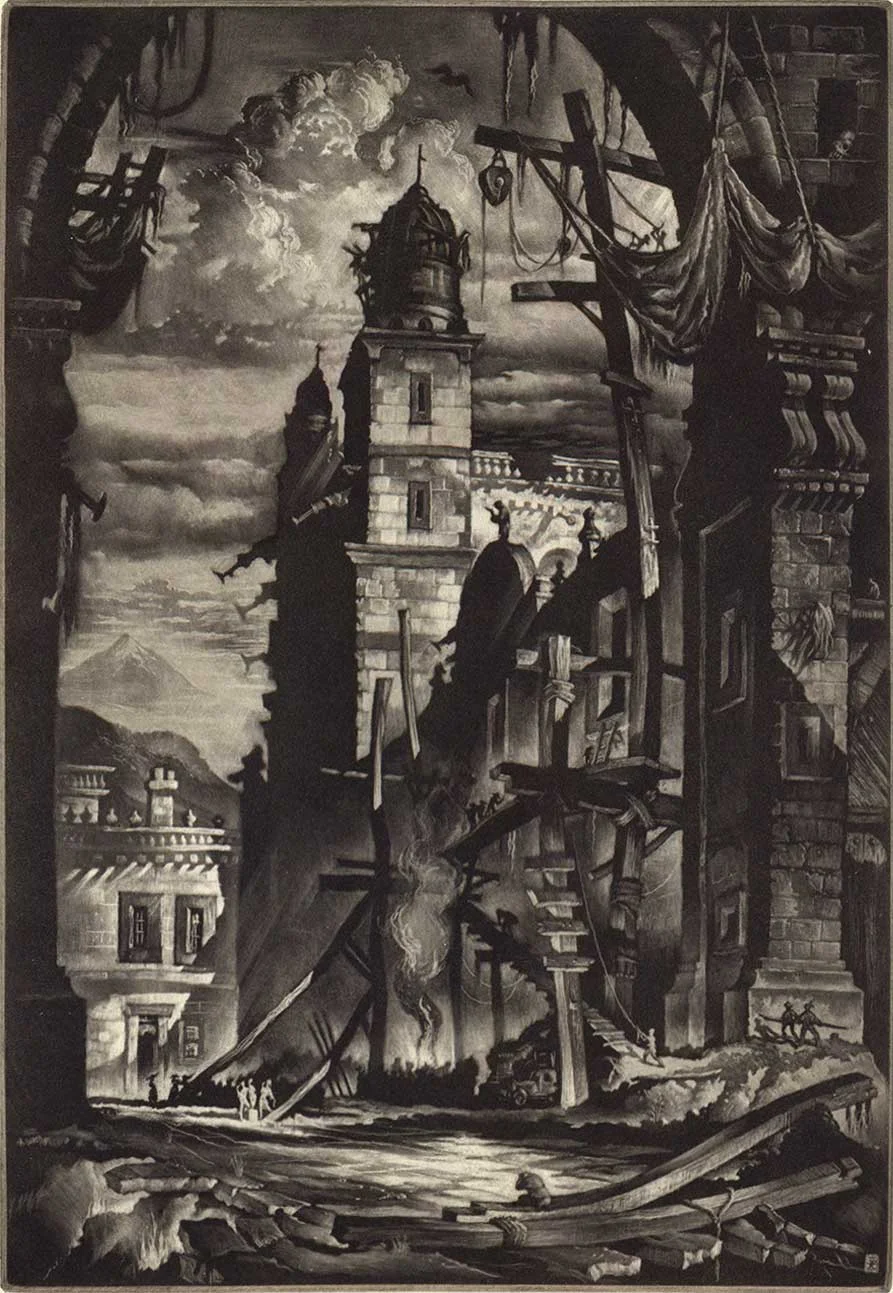 A cathedral being demolished in Mexico against a turbulent cloudy sky, mezzotint by Reynold Weidenaar