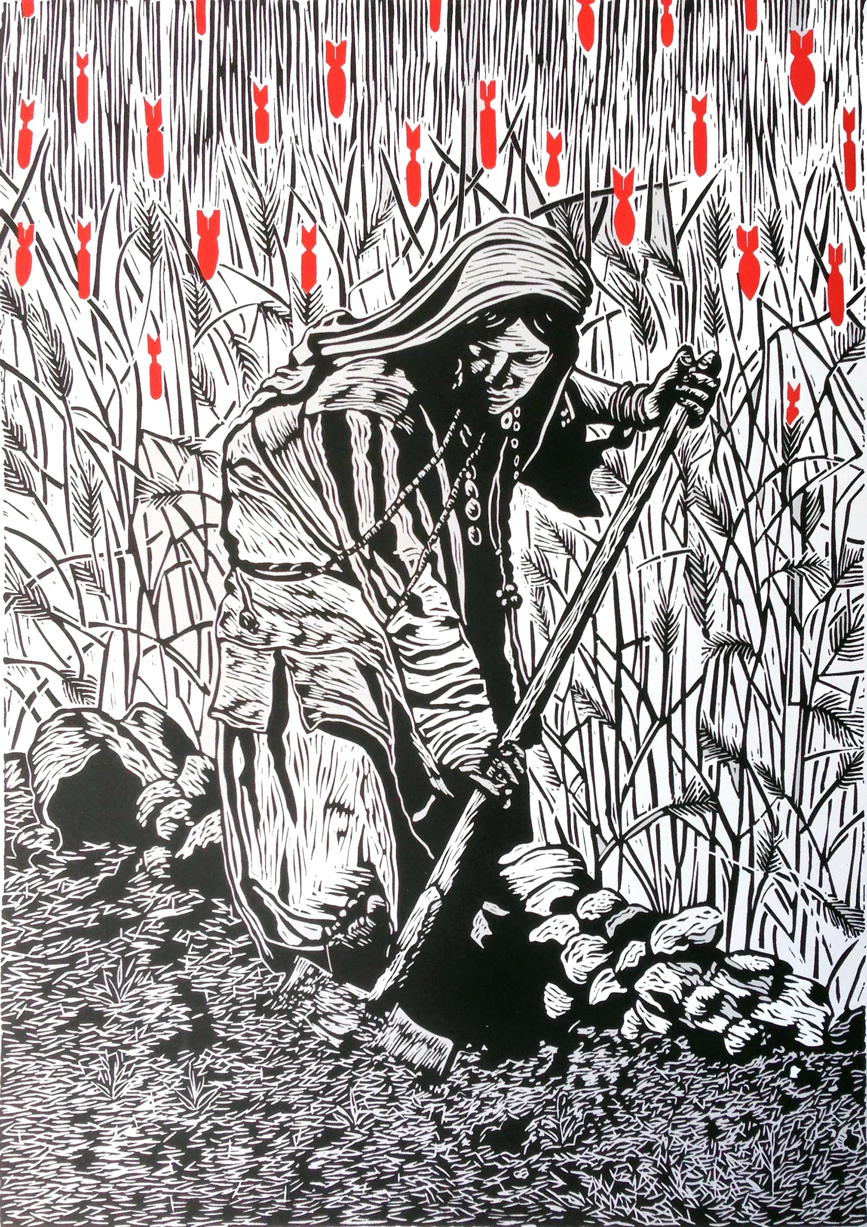 Black-and-white screenprint of a figure digging in a field while red bomb silhouettes fall in the background; artwork by Juan Fuentes.