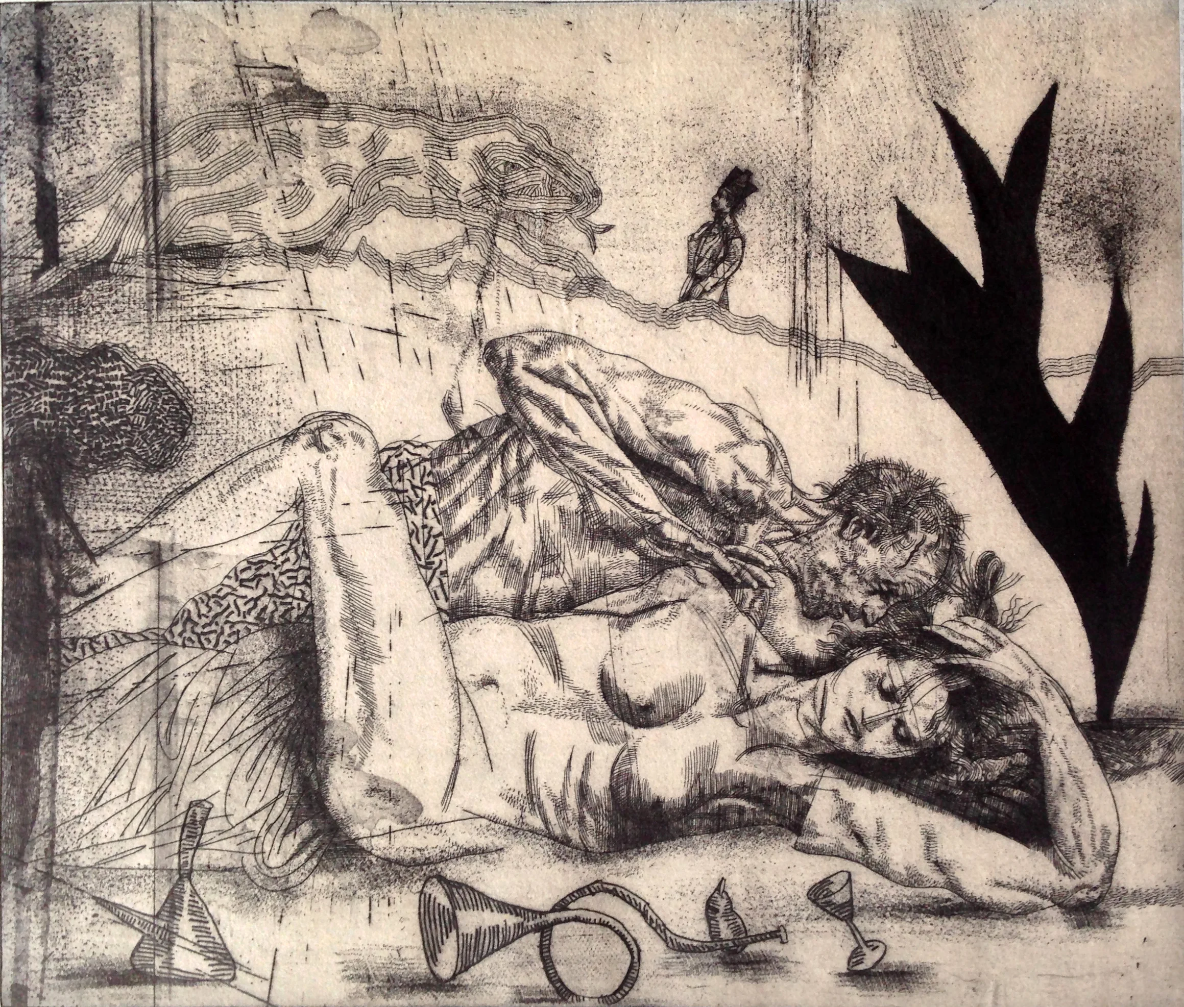 Retour au Noir III,  etching with drypoint by Miguel Condé