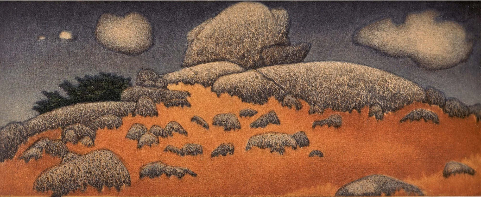 Blue Hill Meadow, Mezzotint landscape of Maine coastline by James Groleau