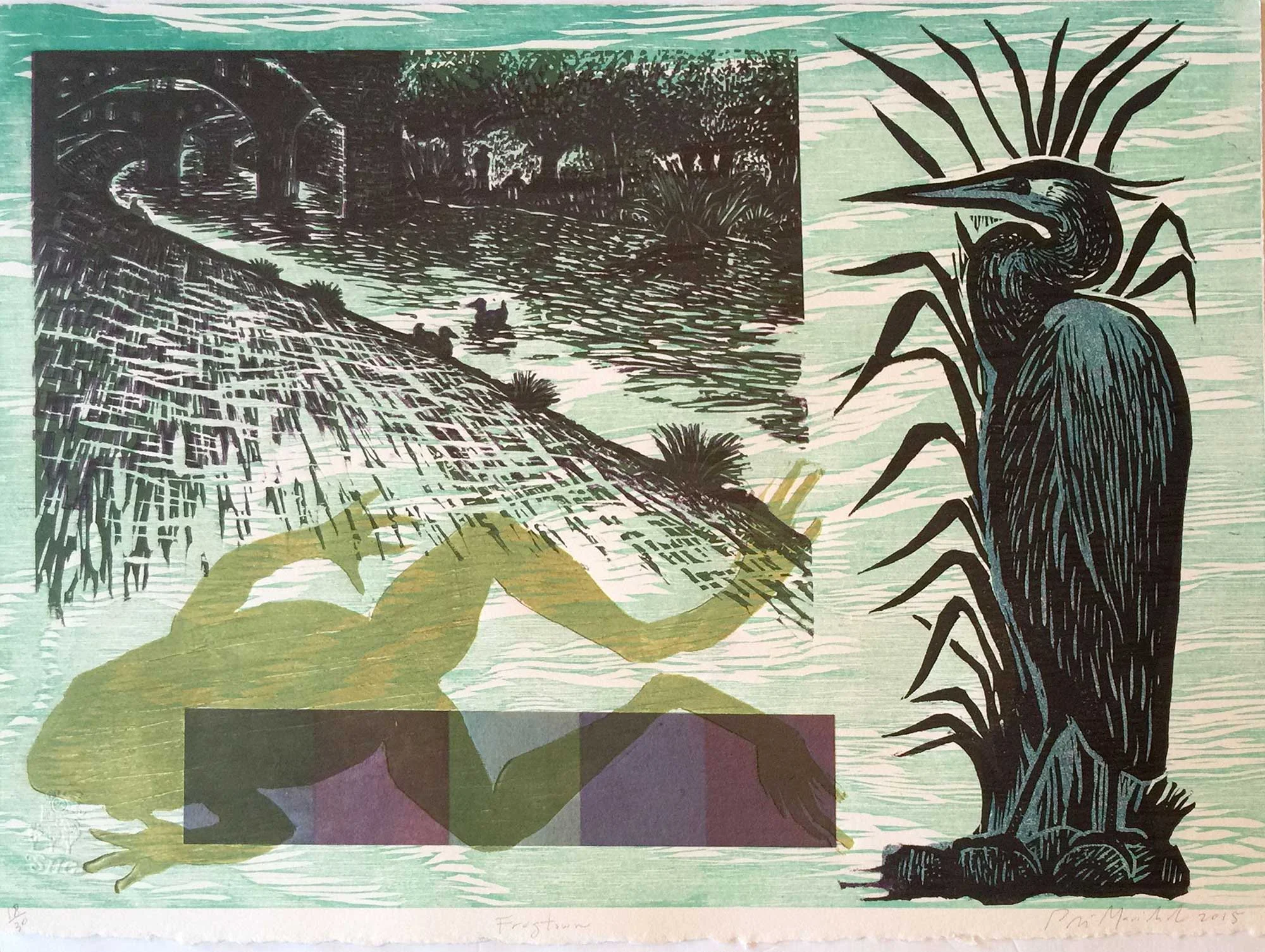 Frogtown, woodcut print by Poli Maréchal