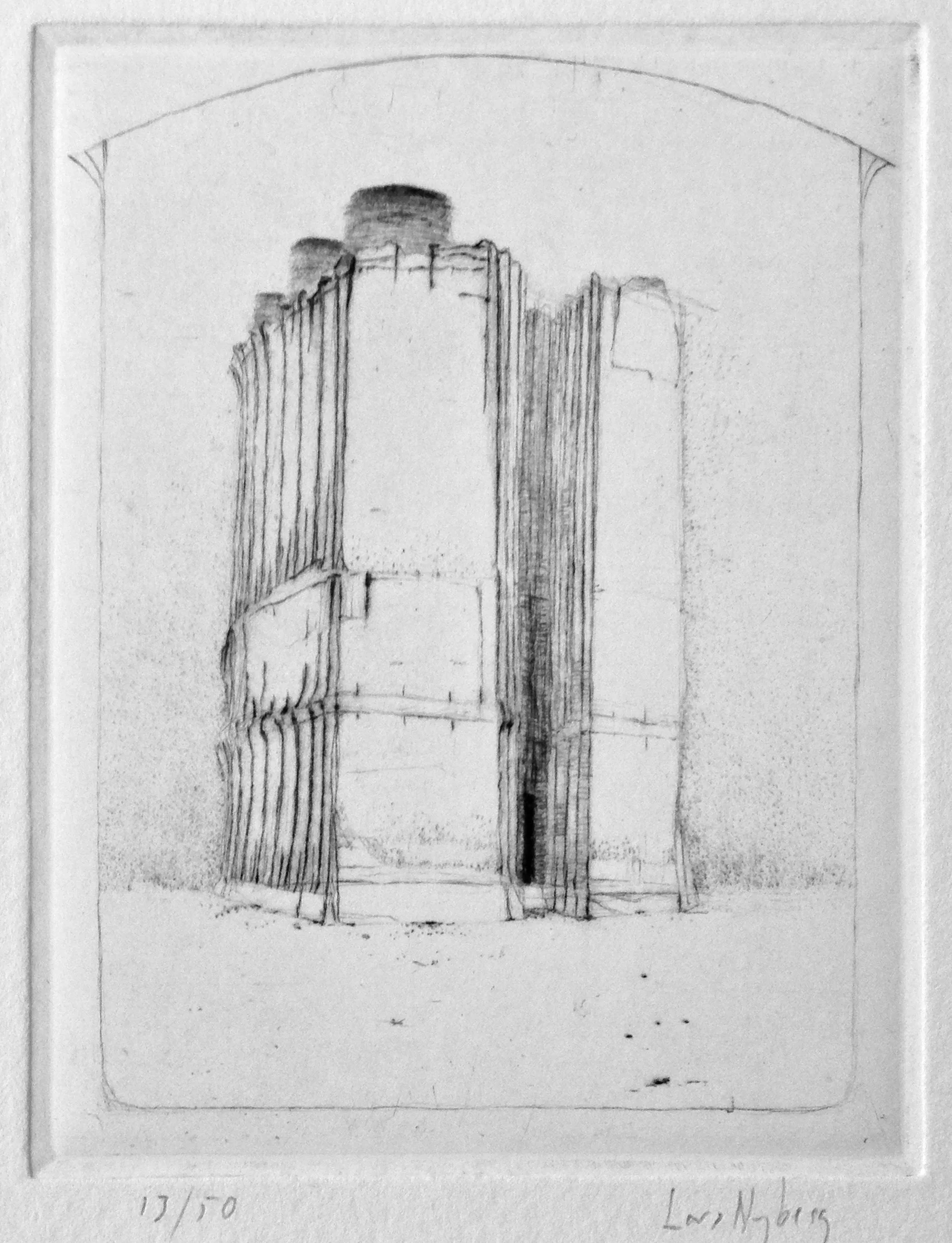 Crematorium, drypoint by Lars Nyberg
