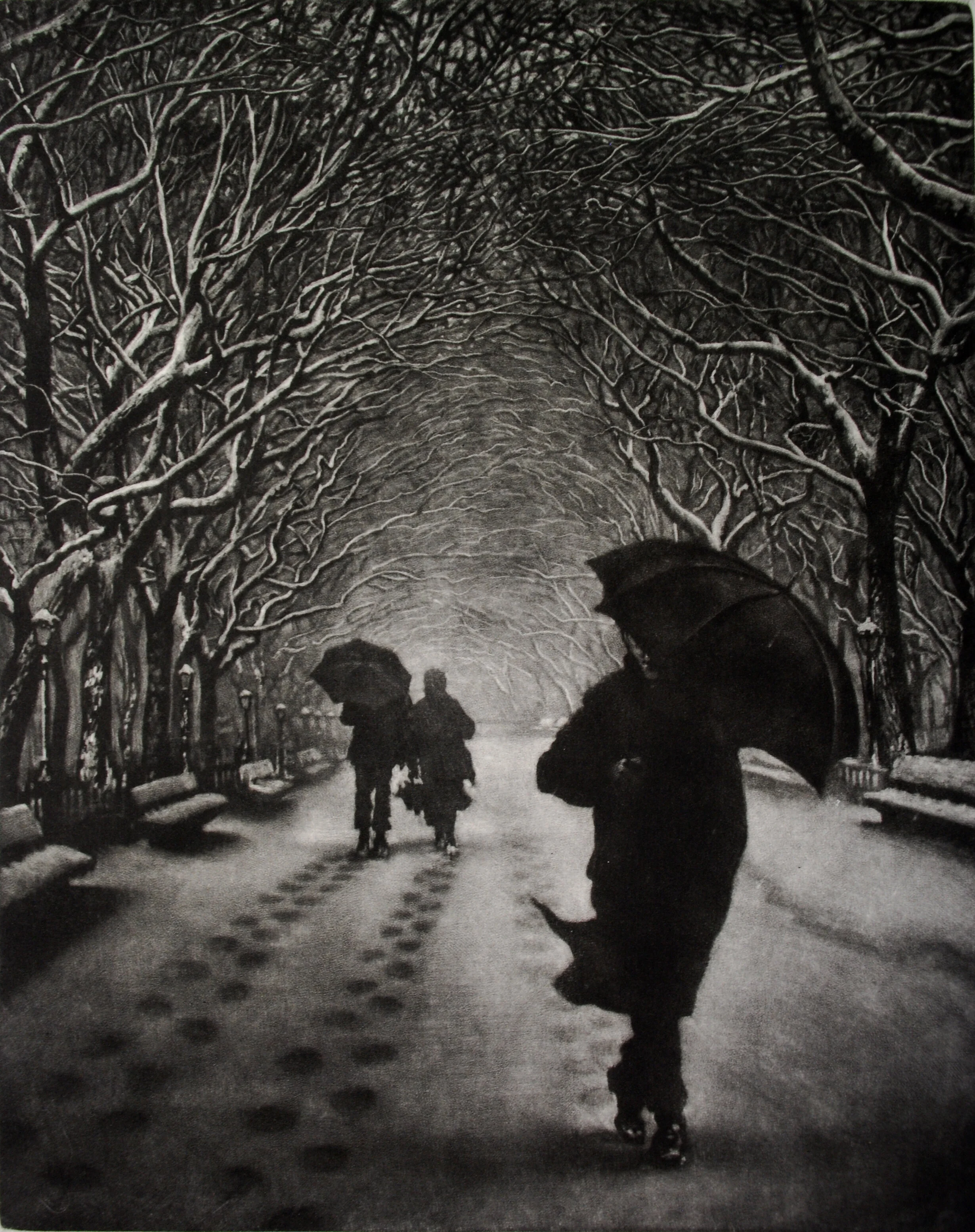 Passage, with people under umbrellas walking through a snowy park