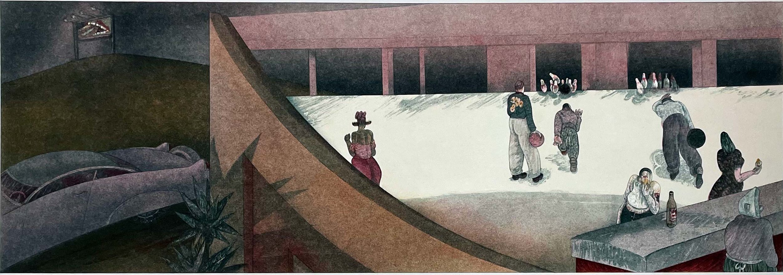 “Bowl” etching and aquatint by Efram Wolff showing figures in a 1940s-style bowling alley with sweeping architectural lines.