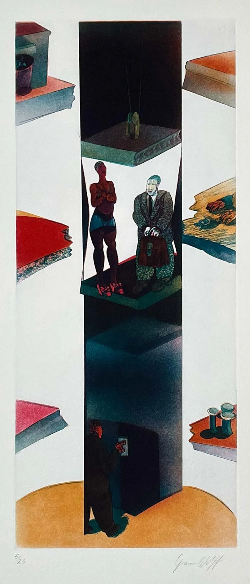 “Uplift” etching and aquatint by Efram Wolff showing two elevator passengers unaware of dramatic scenes occurring on the surrounding floors.