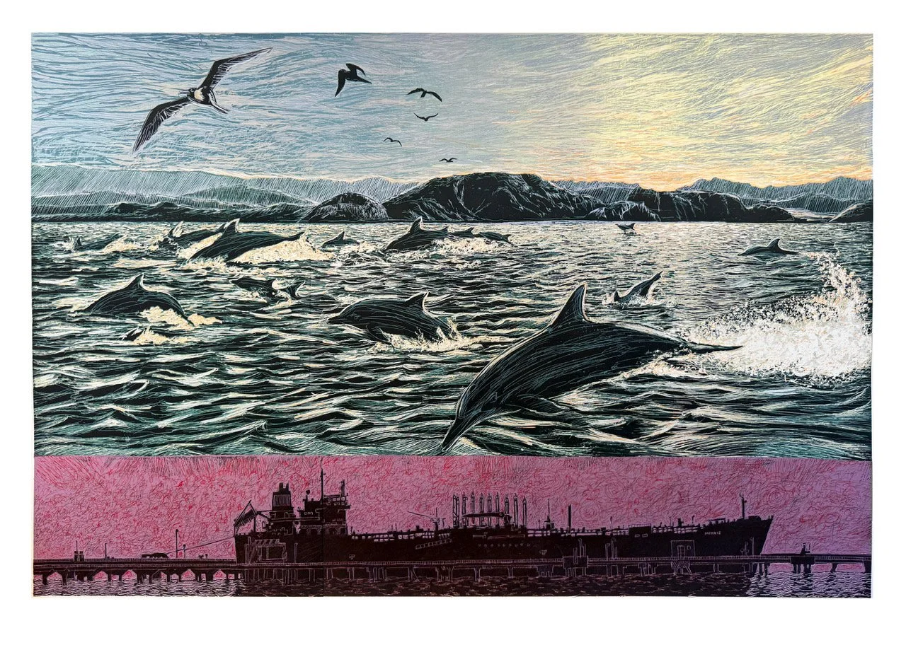 Color woodcut print showing dolphins swimming in ocean waves above an industrial tanker by Jos Sances.