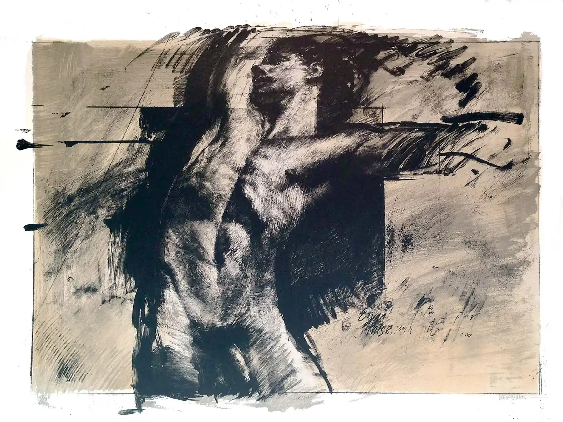 Lifting, a male nude image against an abstract background