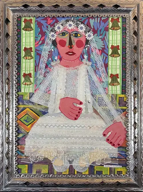 La Novia (Bride), mixed-media collage in punched-tin frame by Rodolpho Morales
