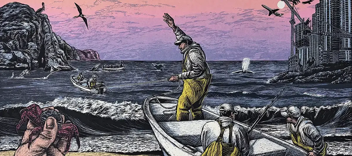 Pangas launch from Punta Lobos, screen print by Jos Sances