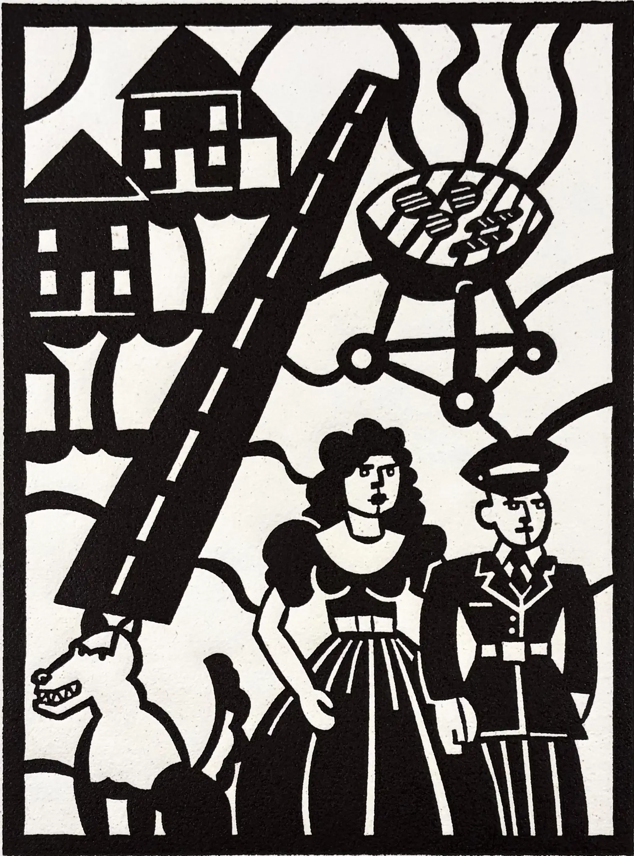 Frank Romero Postwar Couple woodcut depicting a couple with suburban homes, barbecue grill, and Southern California imagery.