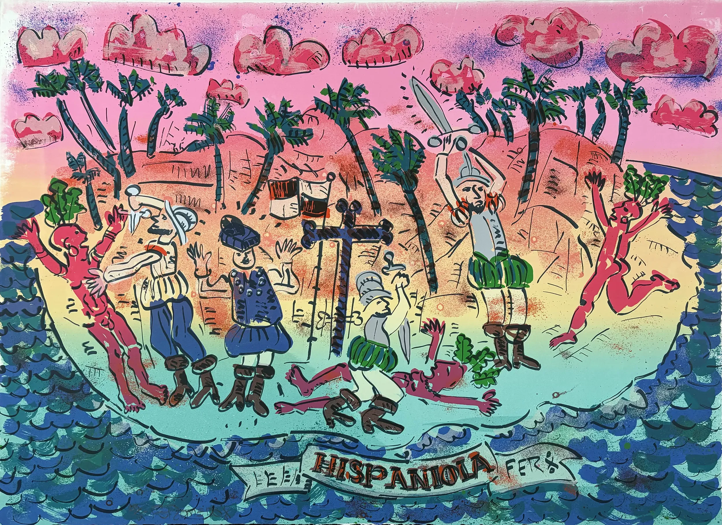 Frank Romero, Hispaniolo, colorful print with explorers, figures, palm trees and Caribbean landscape in pink, turquoise, green and blue
